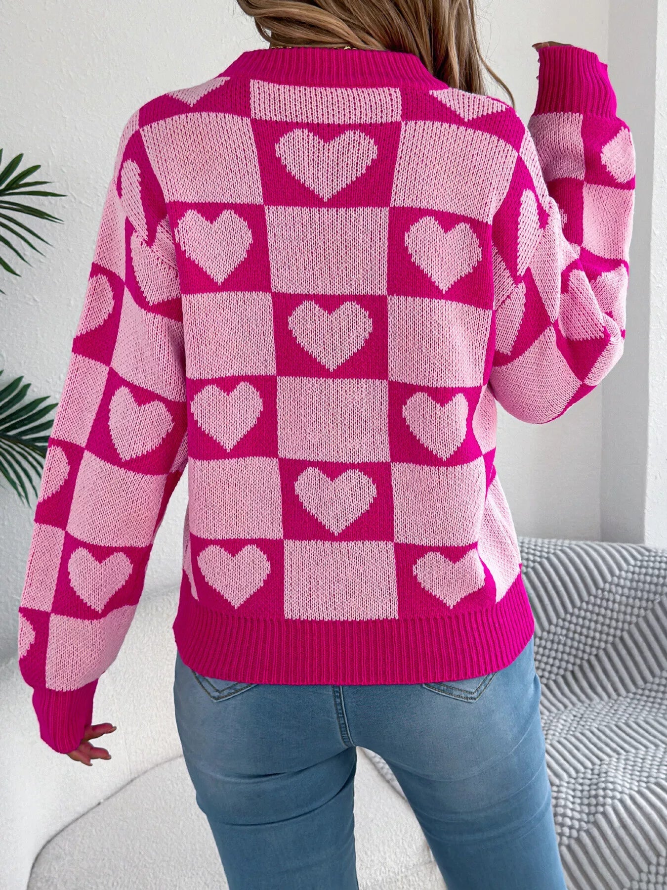 Heart Checkerboard Pattern Round Neck Sweater - MAD RUFFI