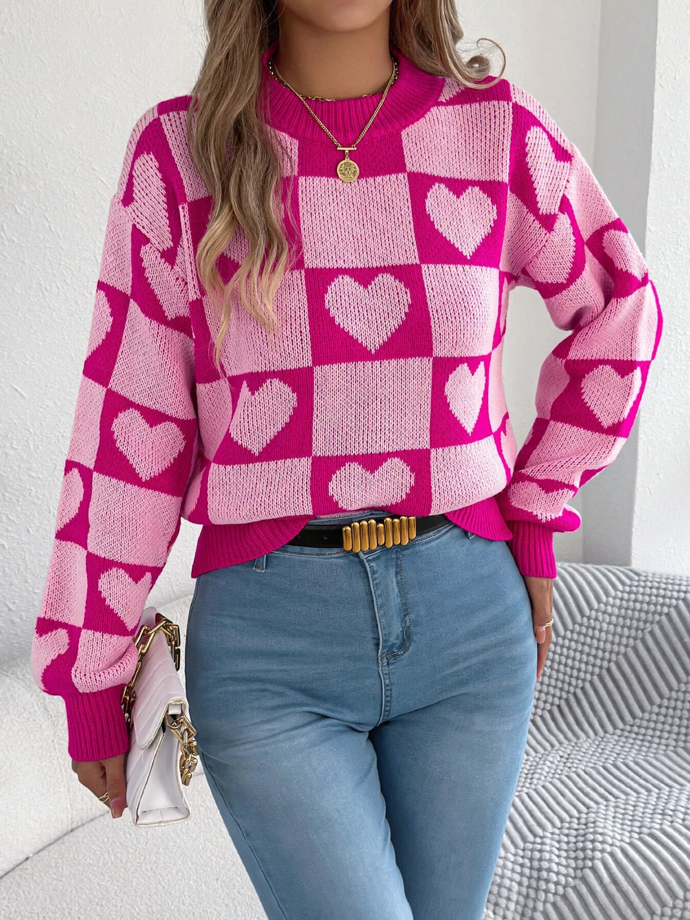 Heart Checkerboard Pattern Round Neck Sweater - MAD RUFFI