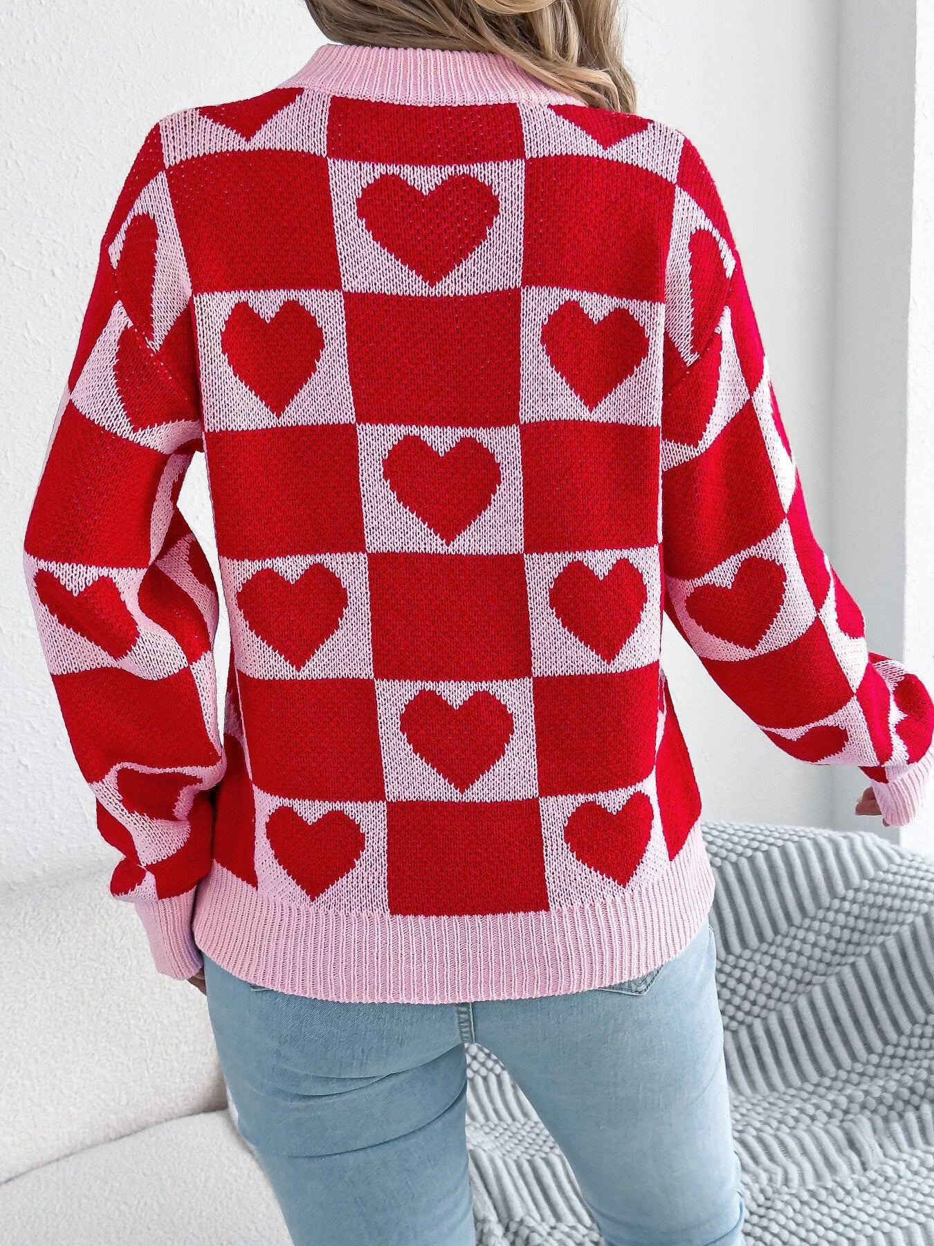 Heart Checkerboard Pattern Round Neck Sweater - MAD RUFFI