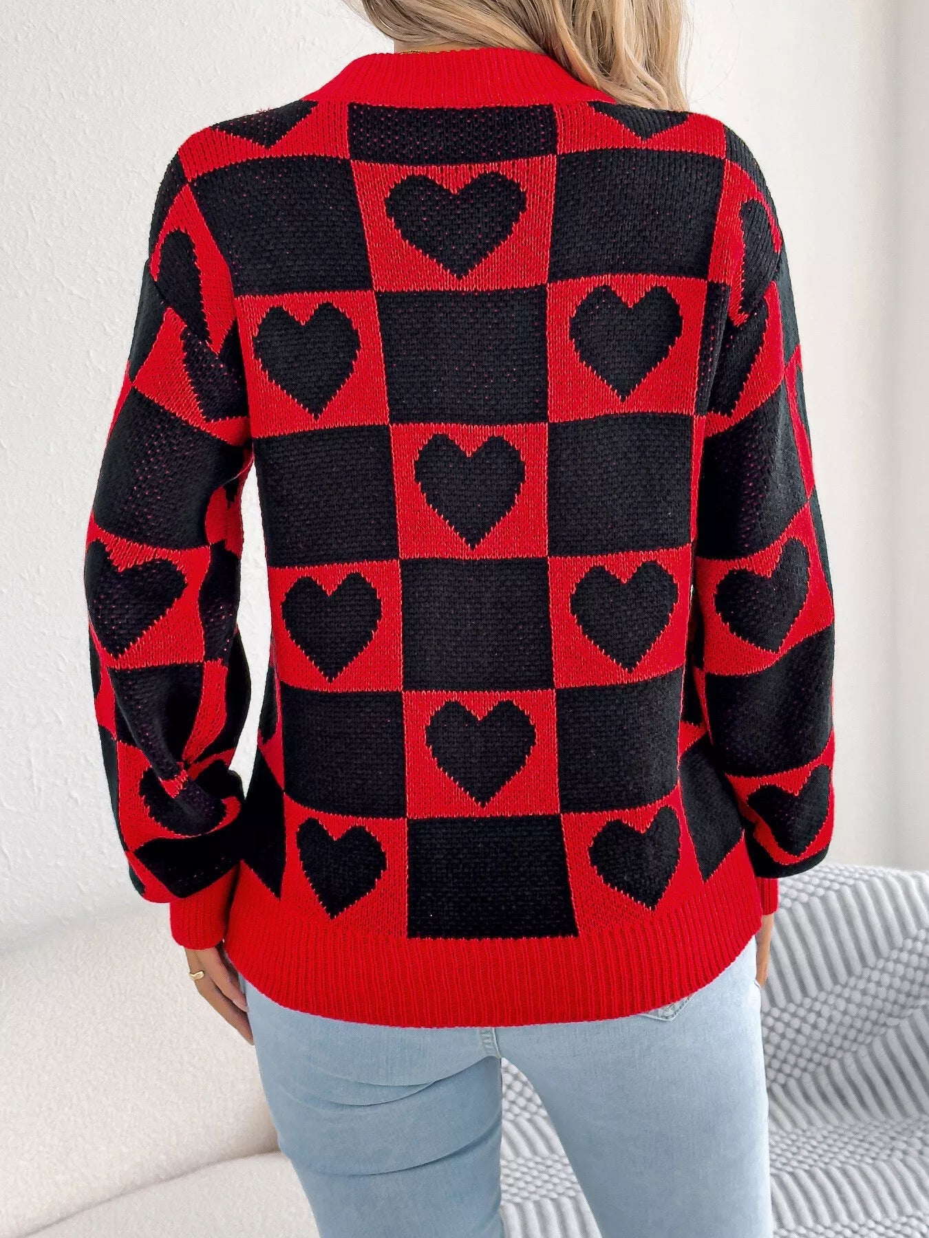 Heart Checkerboard Pattern Round Neck Sweater - MAD RUFFI