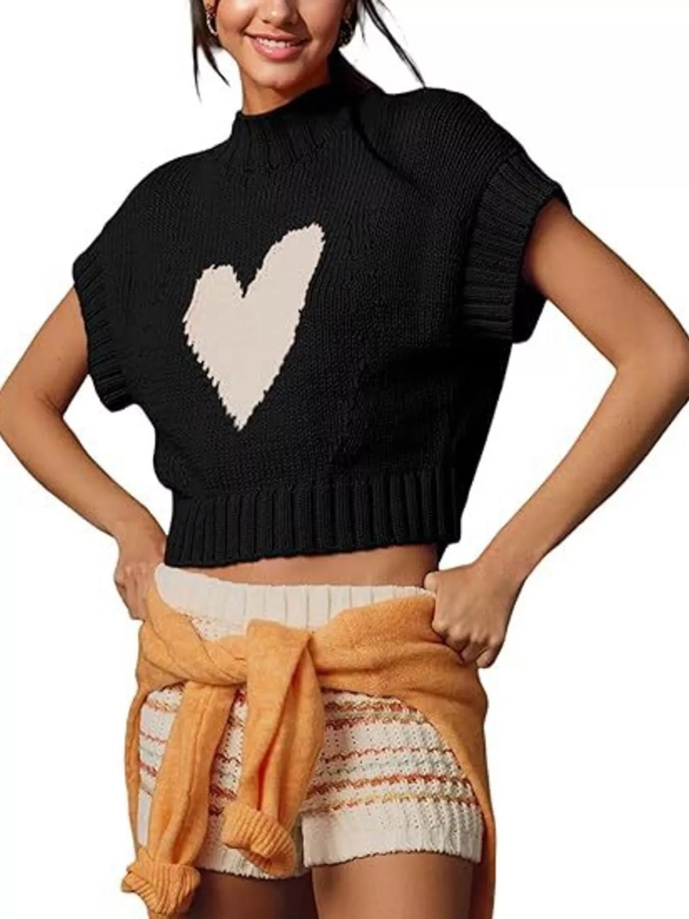 Heart Graphic Short Sleeve Knit Sweater - MAD RUFFI