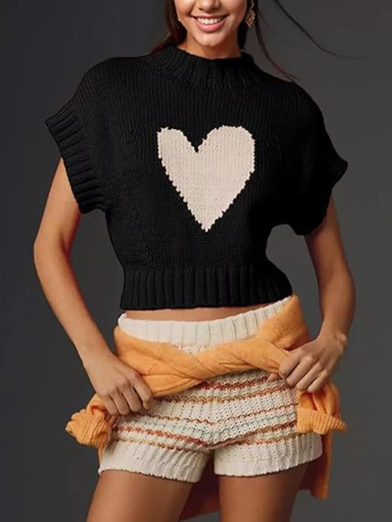 Heart Graphic Short Sleeve Knit Sweater - MAD RUFFI