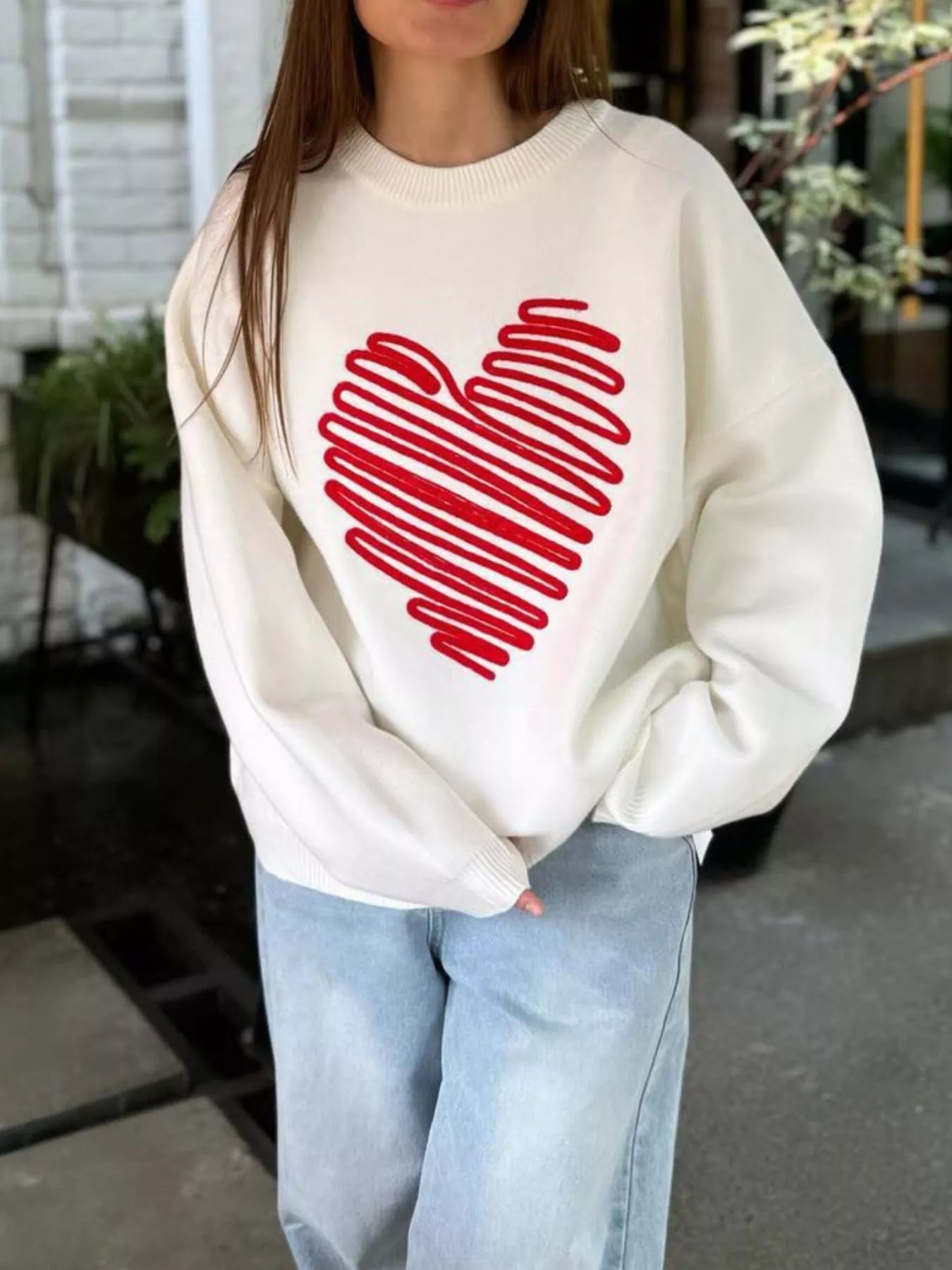 Heart Round Neck Oversized Sweater - MAD RUFFI