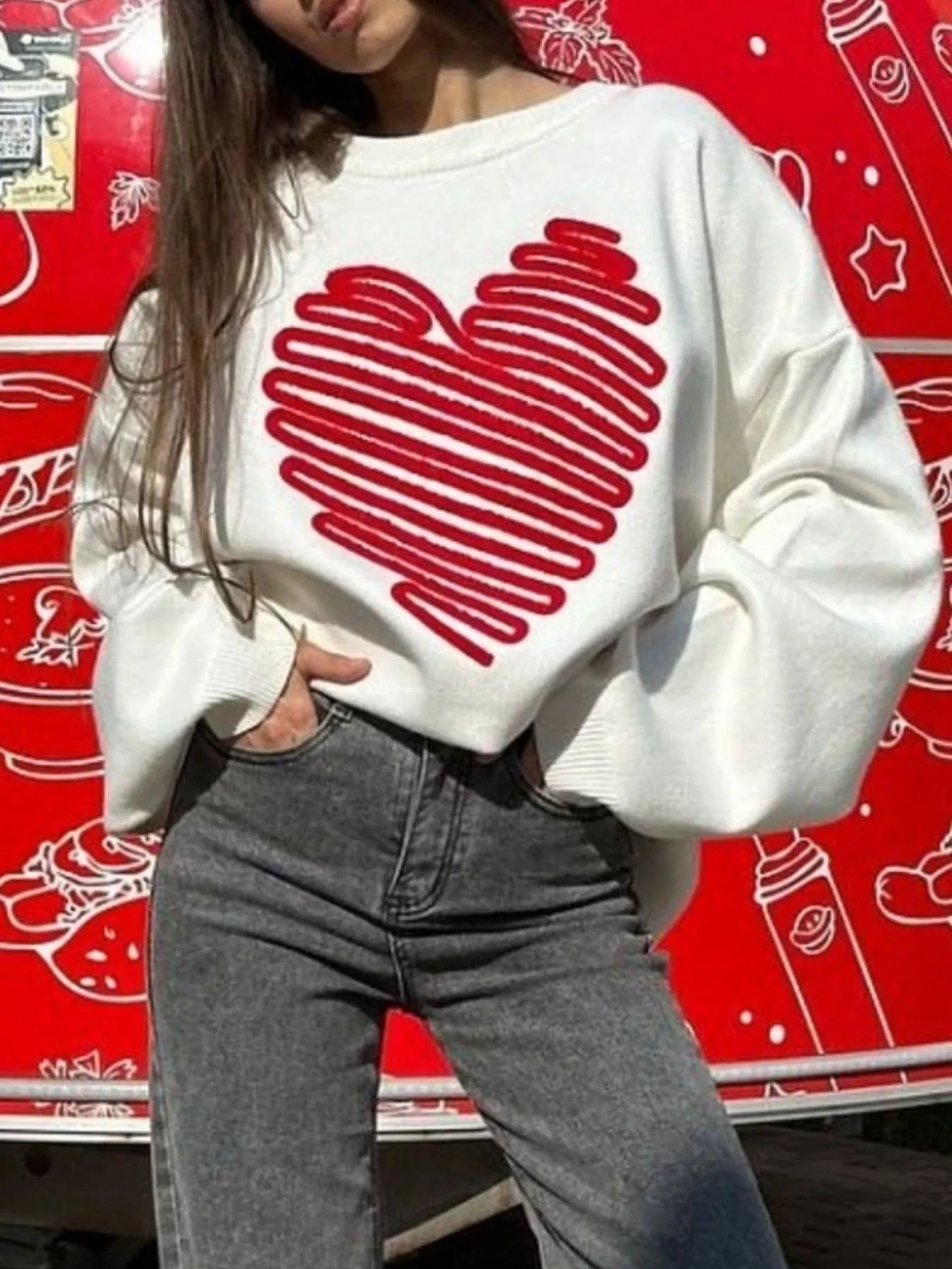 Heart Round Neck Oversized Sweater - MAD RUFFI