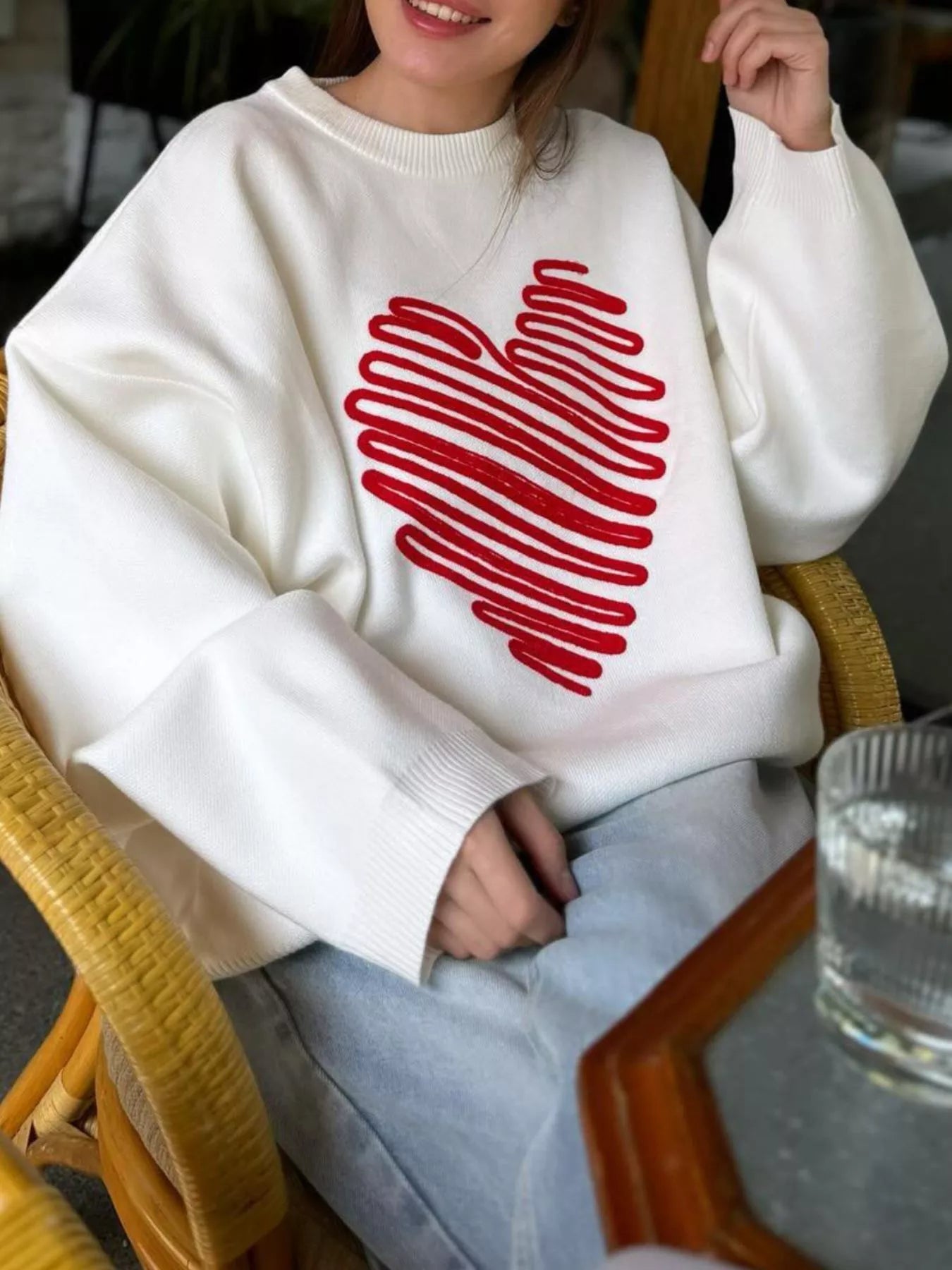 Heart Round Neck Oversized Sweater - MAD RUFFI