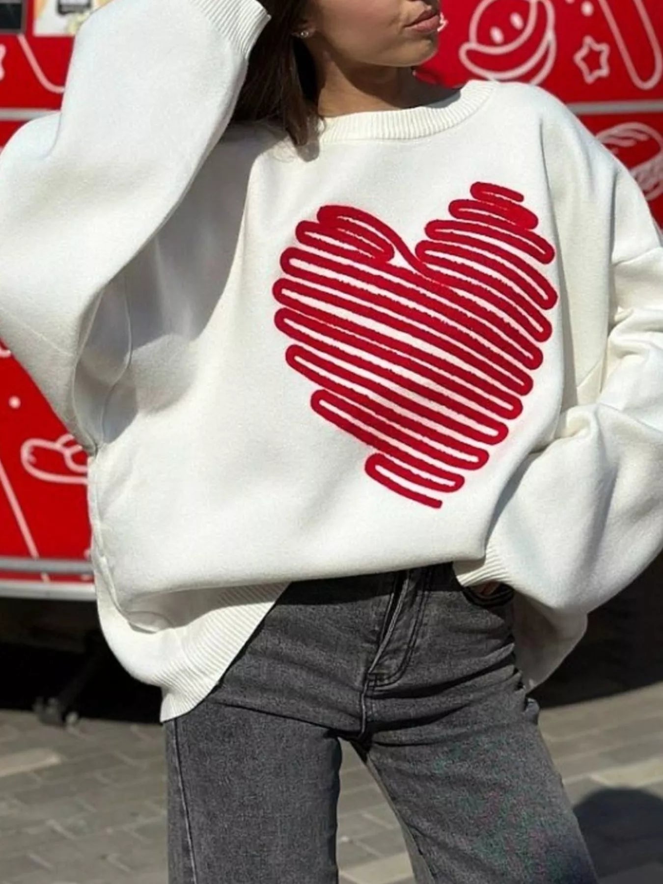 Heart Round Neck Oversized Sweater - MAD RUFFI