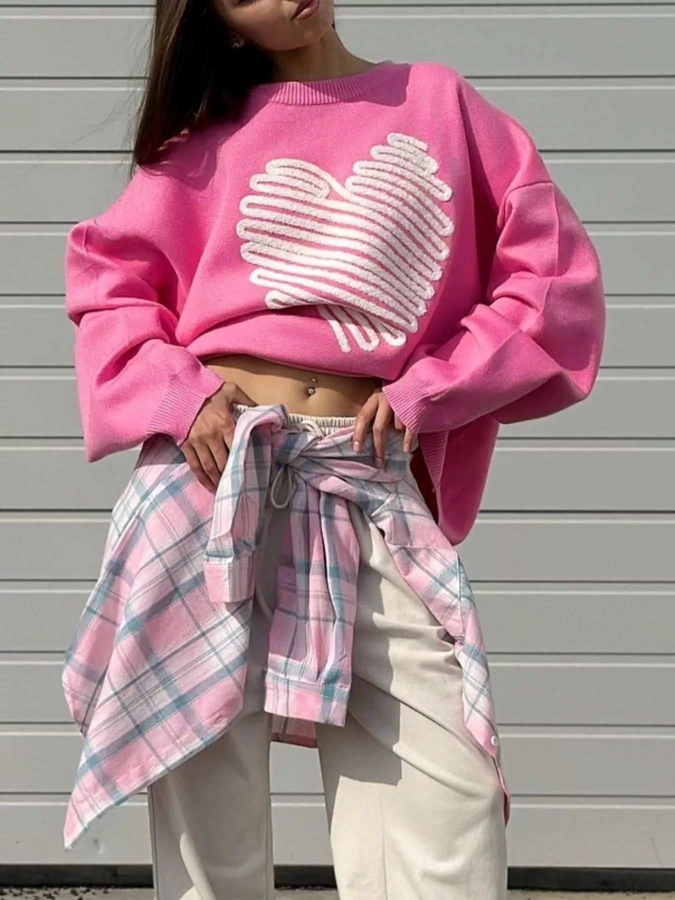 Heart Round Neck Oversized Sweater - MAD RUFFI