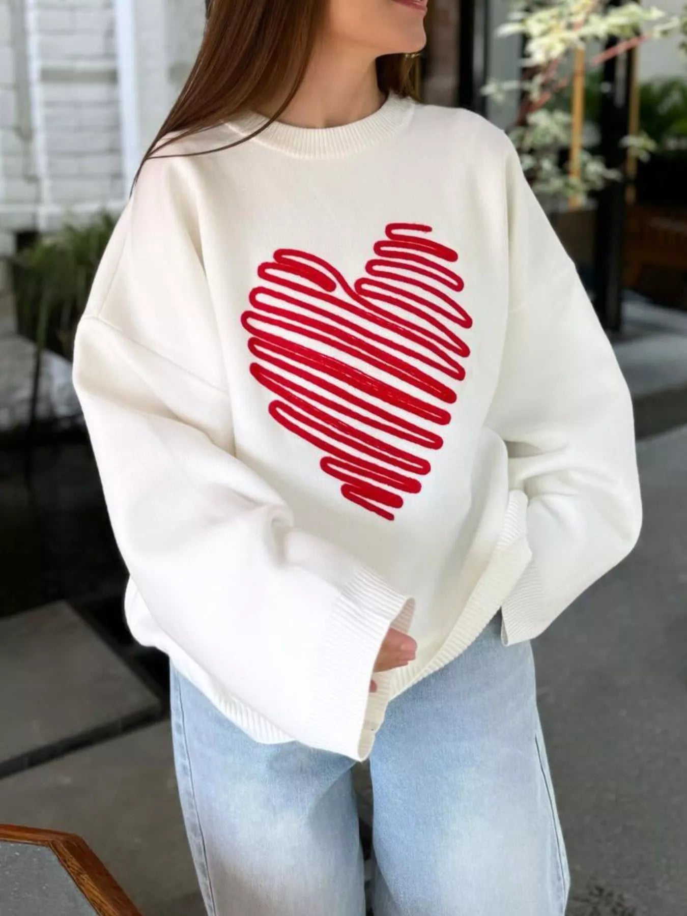 Heart Round Neck Oversized Sweater - MAD RUFFI