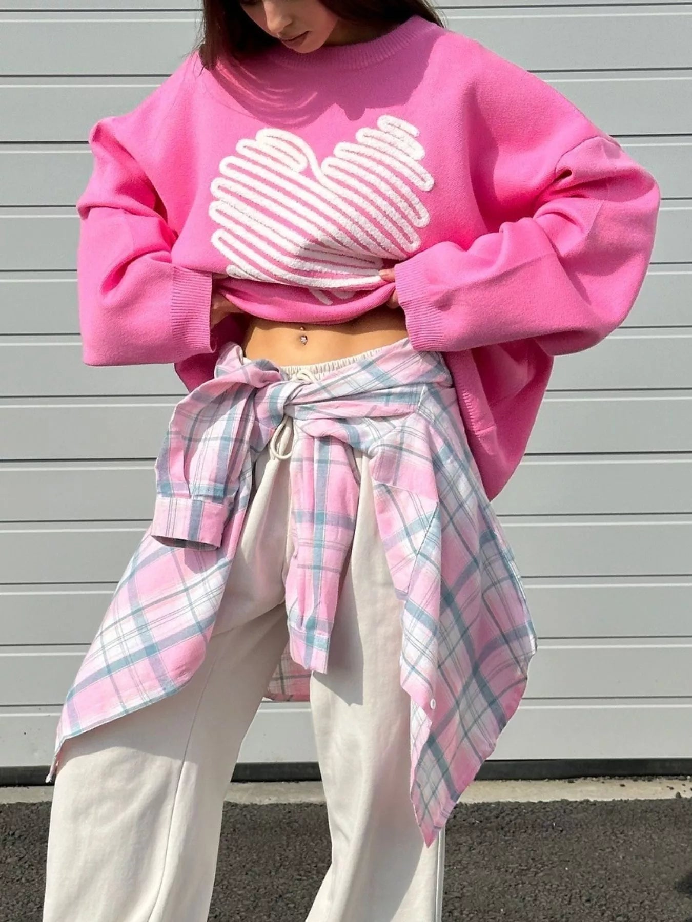 Heart Round Neck Oversized Sweater - MAD RUFFI