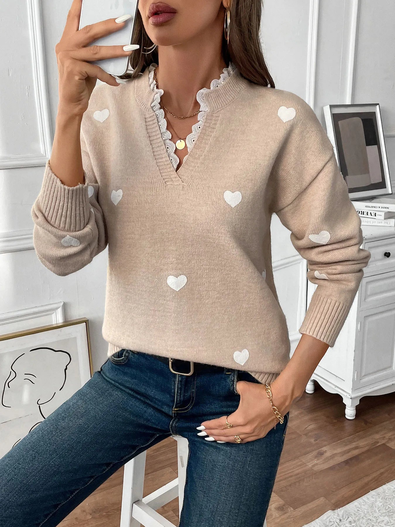 Heart V - Neck Long Sleeve Sweater - MAD RUFFI