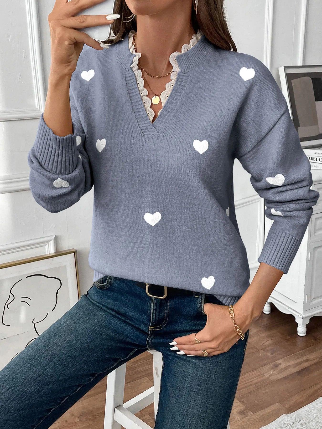 Heart V - Neck Long Sleeve Sweater - MAD RUFFI