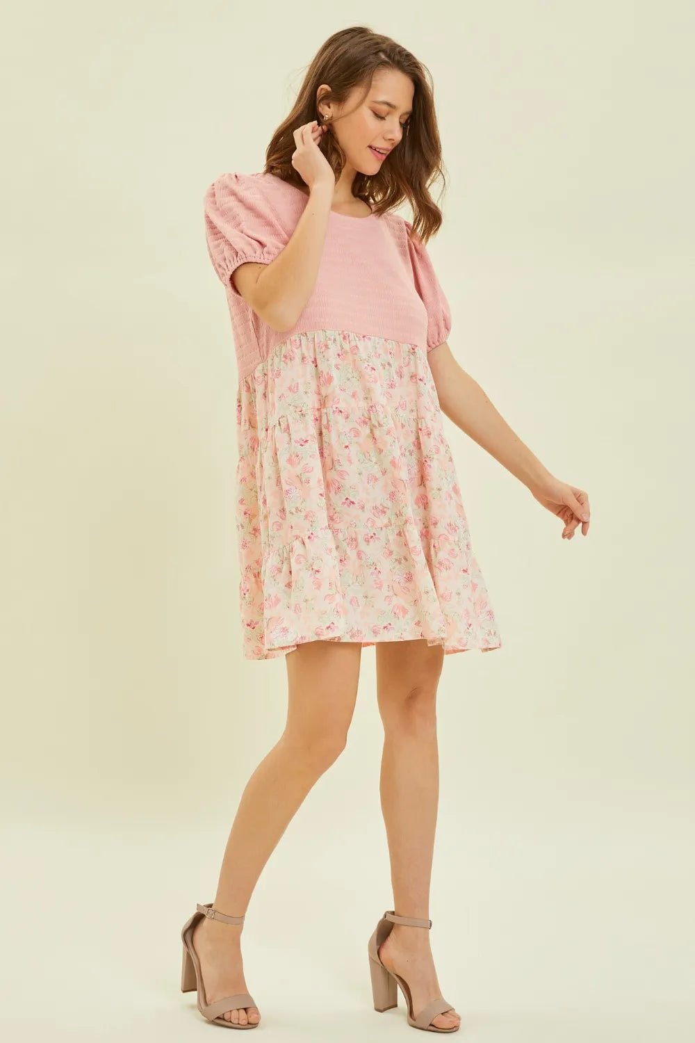 HEYSON Full Size Round Neck Floral Ruffle Hem Mini Dress - MAD RUFFI