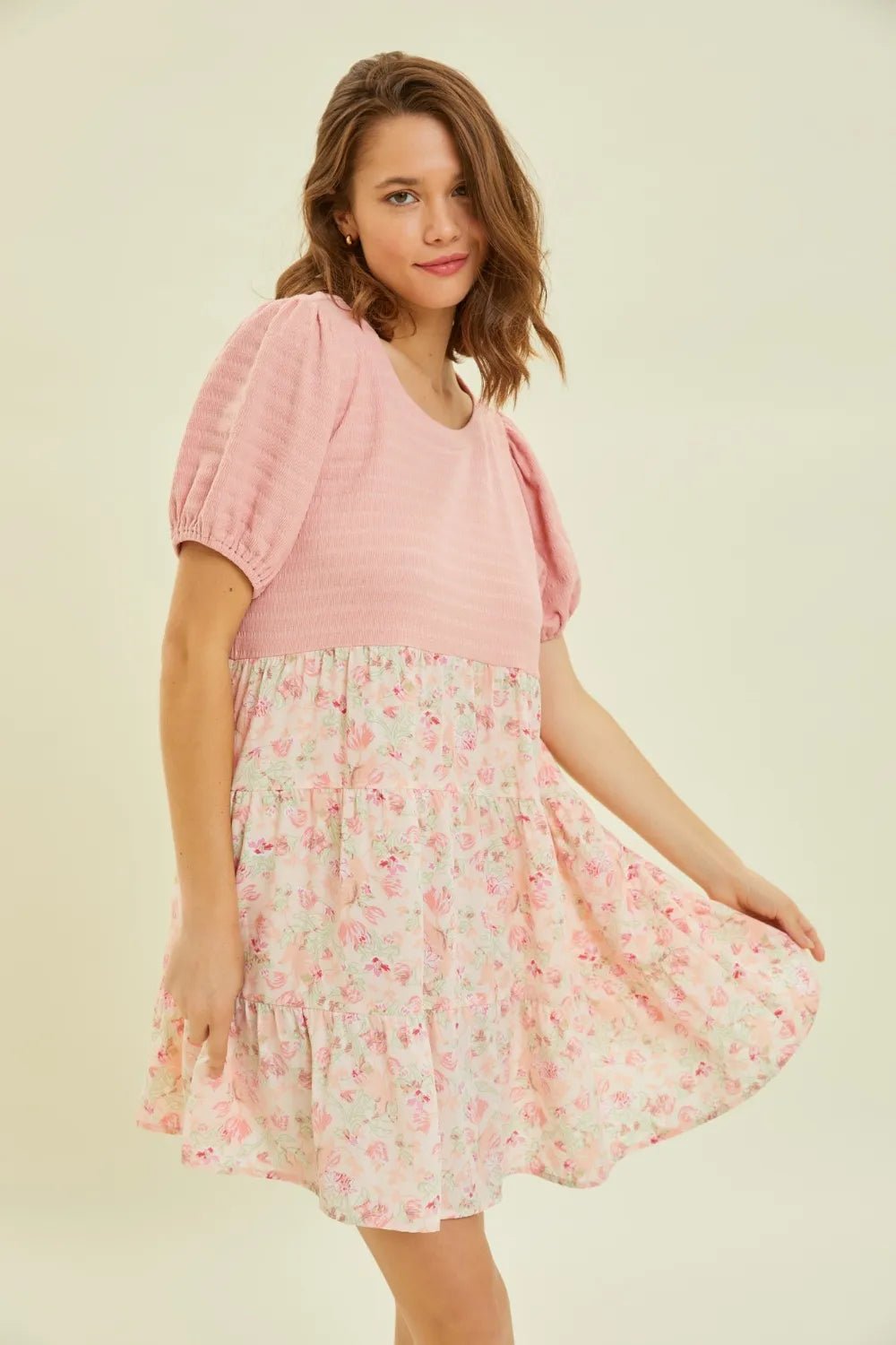 HEYSON Full Size Round Neck Floral Ruffle Hem Mini Dress - MAD RUFFI