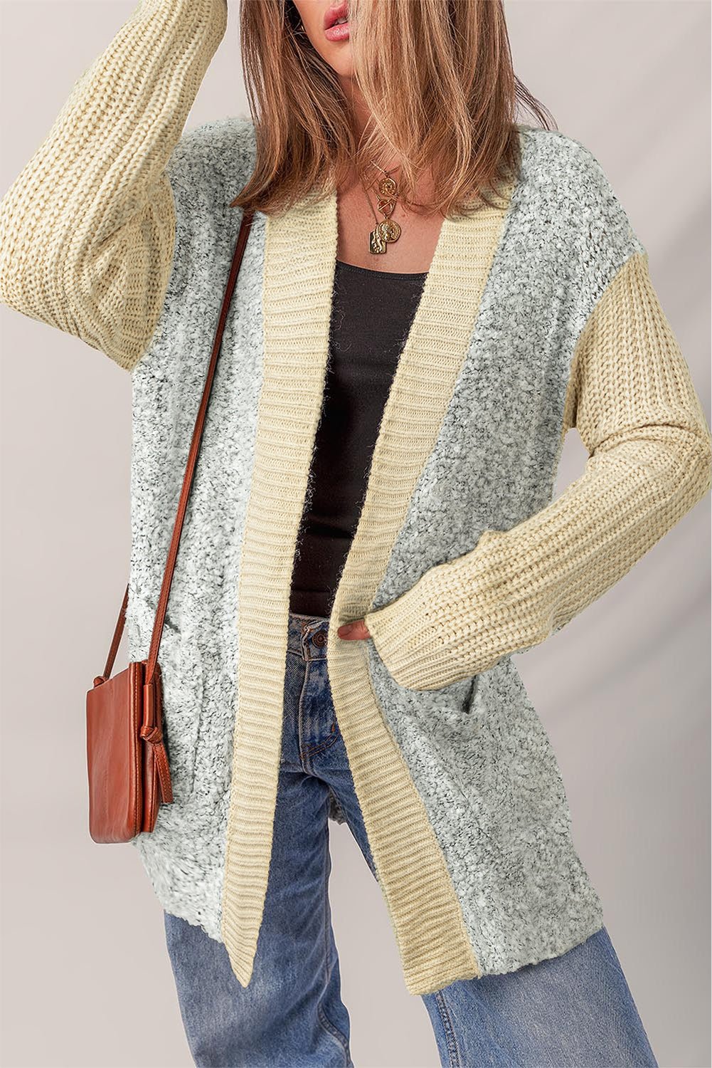 High - rise Patchwork Side Pockets Open Front Cardigan - MAD RUFFI