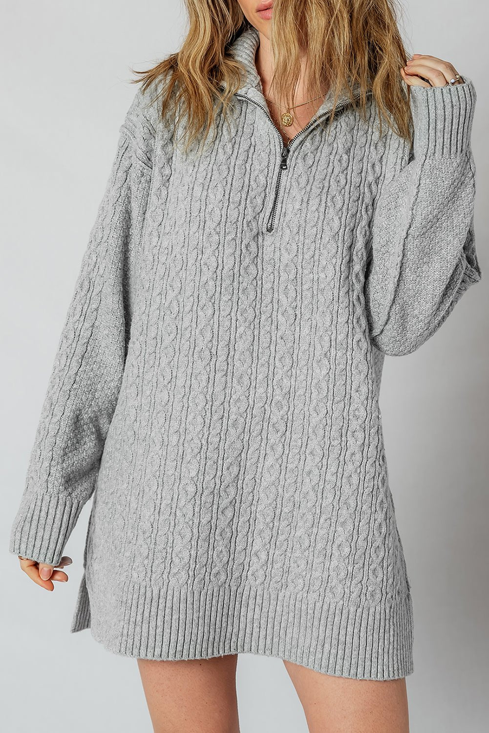High - rise Quarter Zip Ribbed Trim Cable Knit Loose Sweater Dress - MAD RUFFI