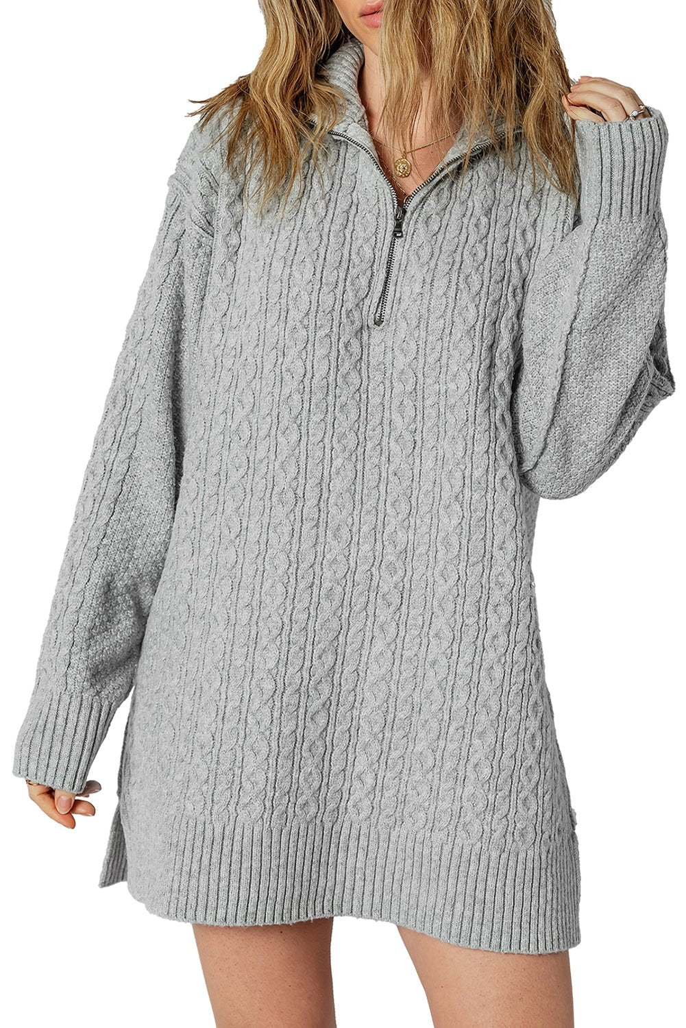 High - rise Quarter Zip Ribbed Trim Cable Knit Loose Sweater Dress - MAD RUFFI