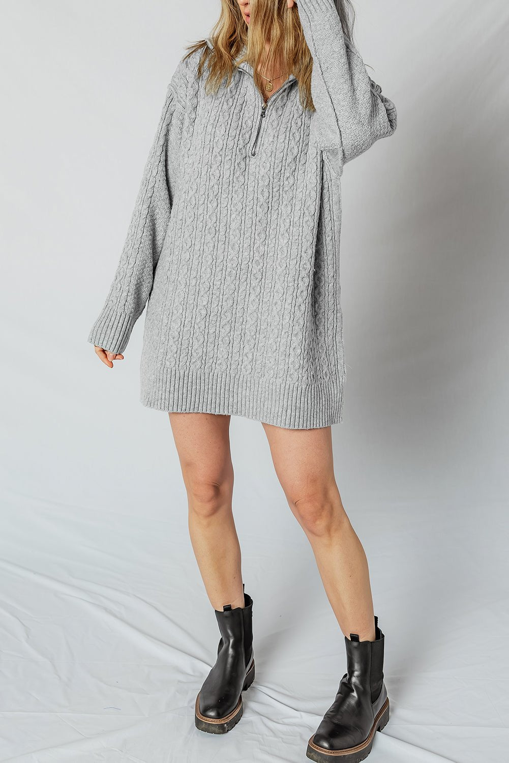 High - rise Quarter Zip Ribbed Trim Cable Knit Loose Sweater Dress - MAD RUFFI
