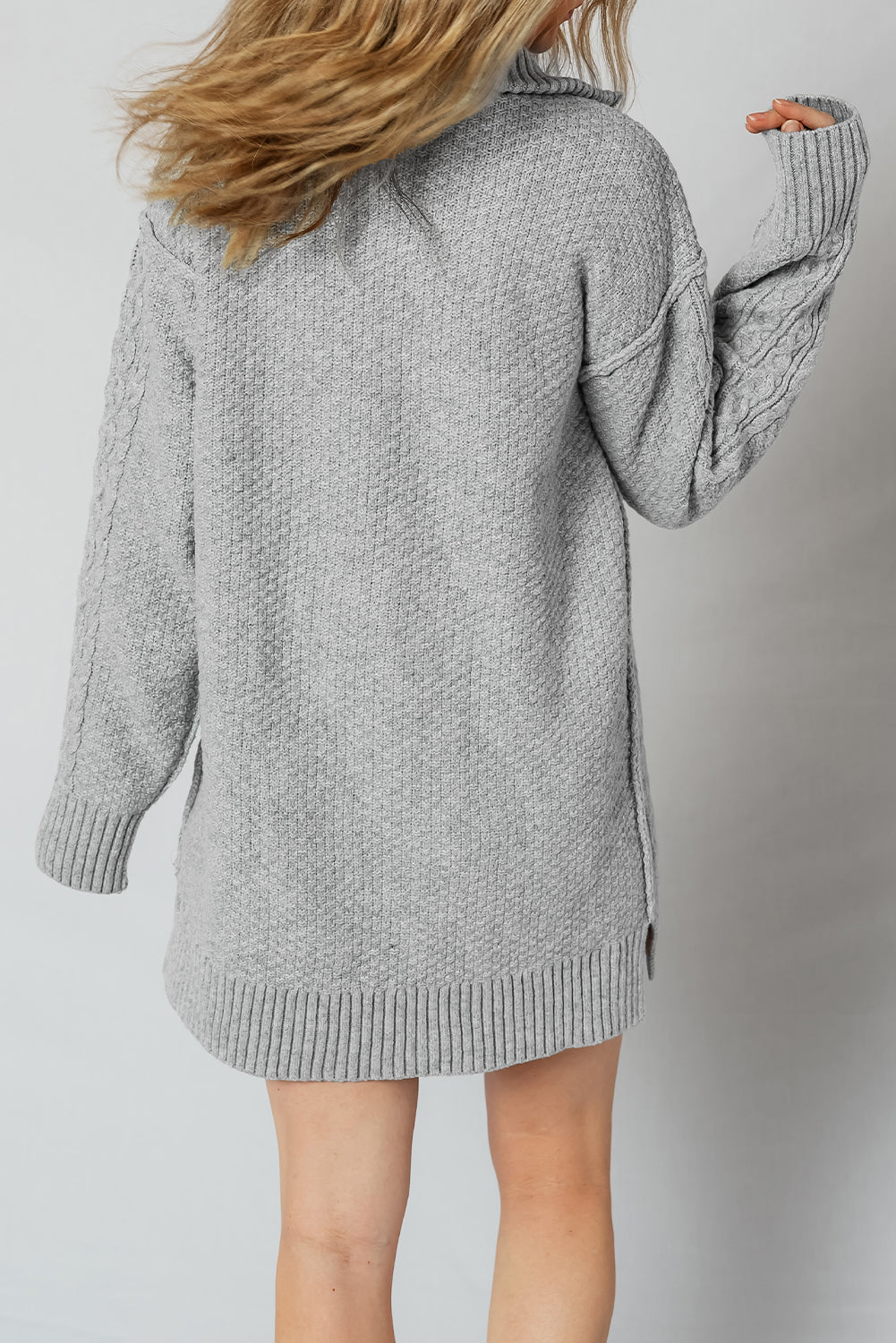 High - rise Quarter Zip Ribbed Trim Cable Knit Loose Sweater Dress - MAD RUFFI