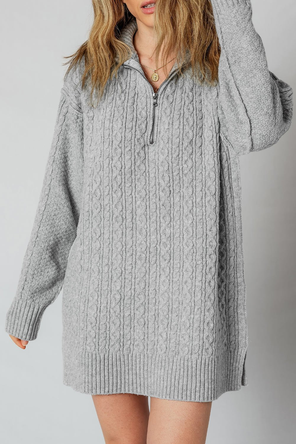 High - rise Quarter Zip Ribbed Trim Cable Knit Loose Sweater Dress - MAD RUFFI