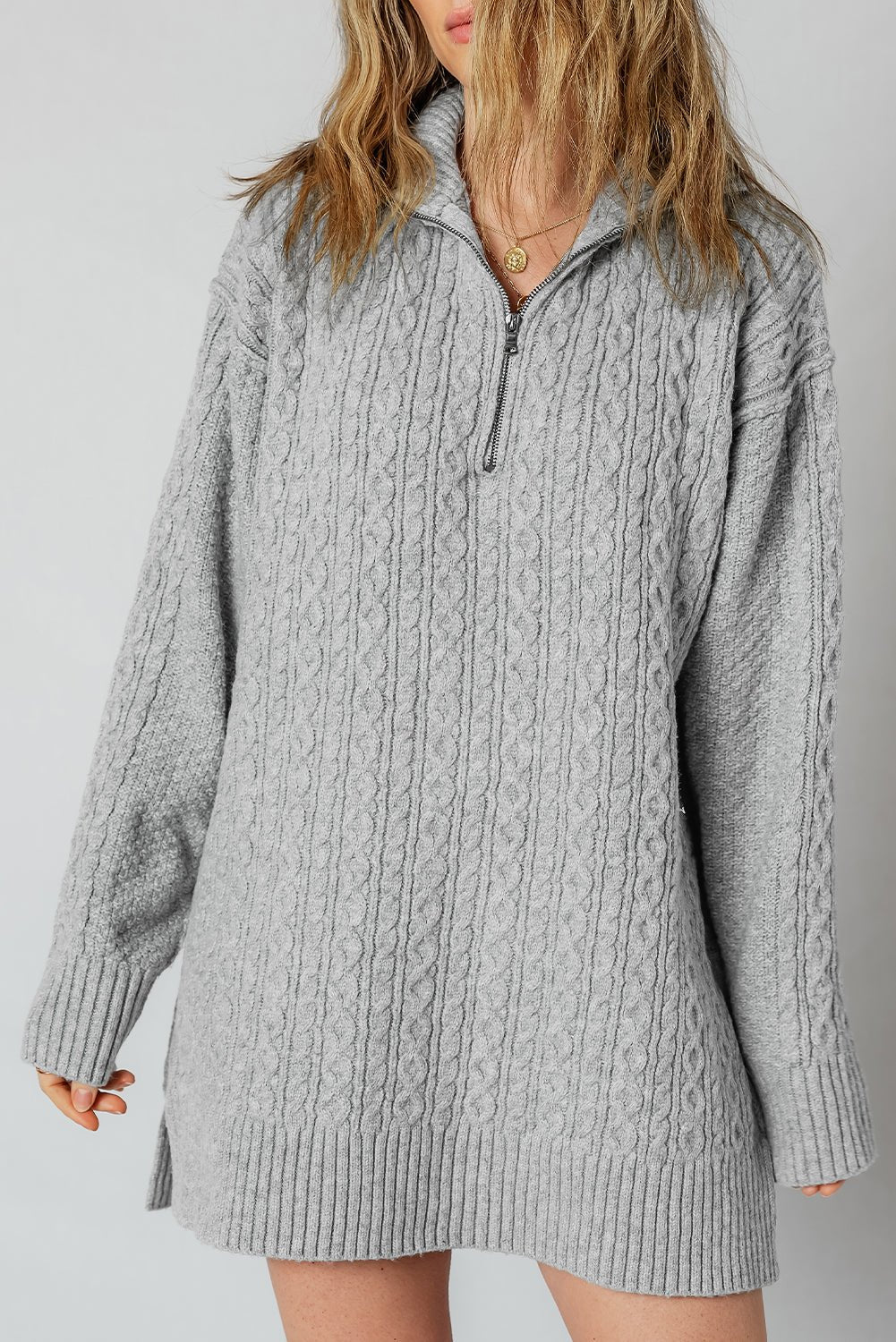 High - rise Quarter Zip Ribbed Trim Cable Knit Loose Sweater Dress - MAD RUFFI