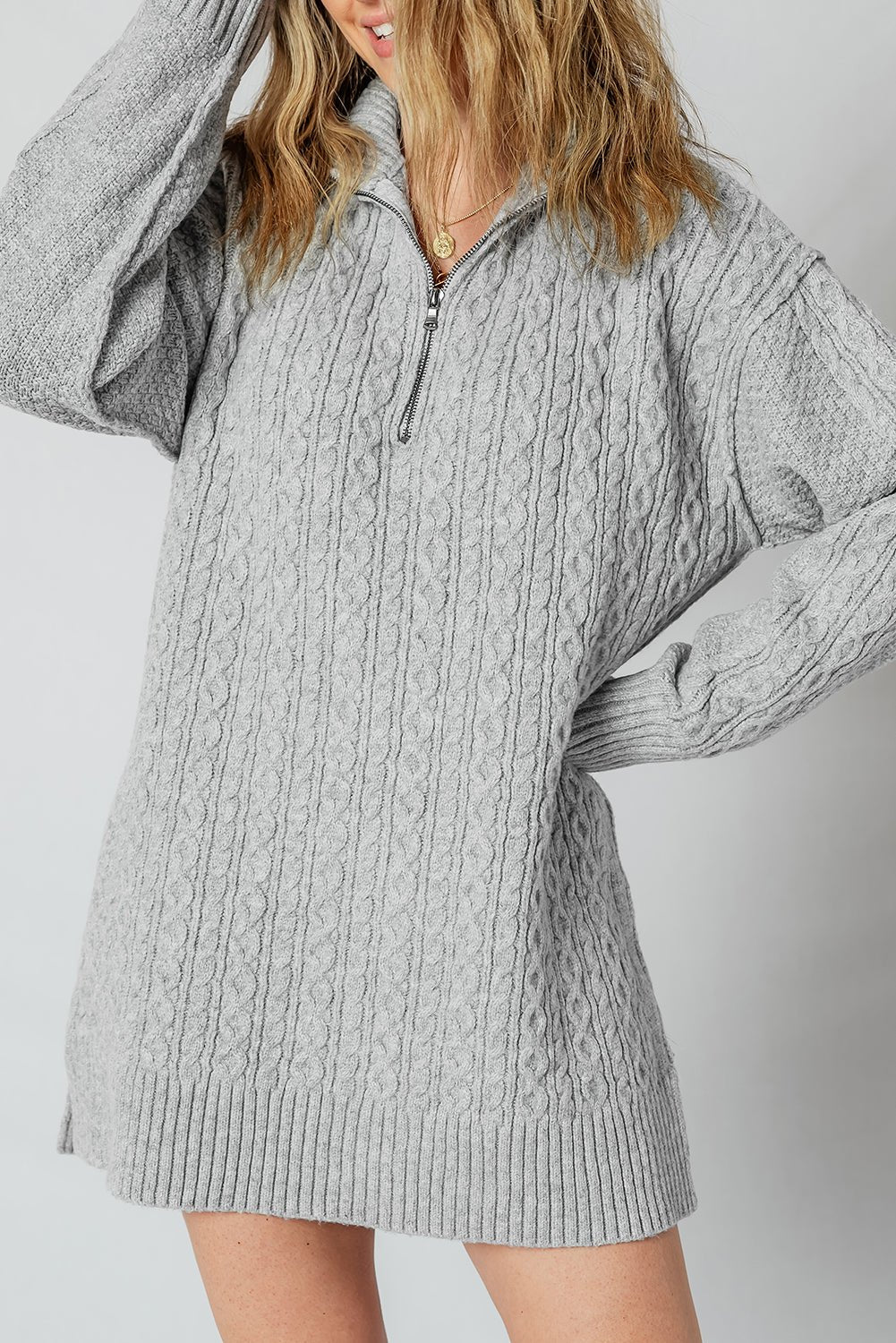 High - rise Quarter Zip Ribbed Trim Cable Knit Loose Sweater Dress - MAD RUFFI