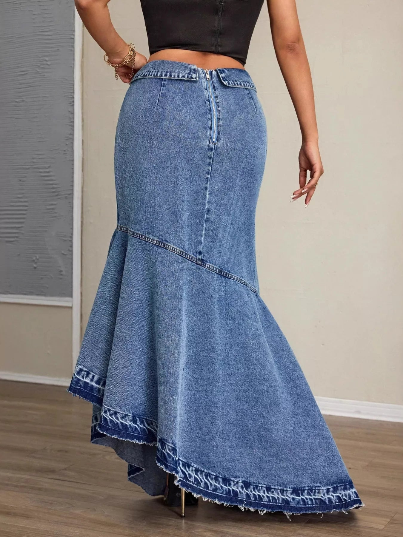 High - Waist Asymmetrical Slit Denim Maxi Mermaid Skirt - MAD RUFFI