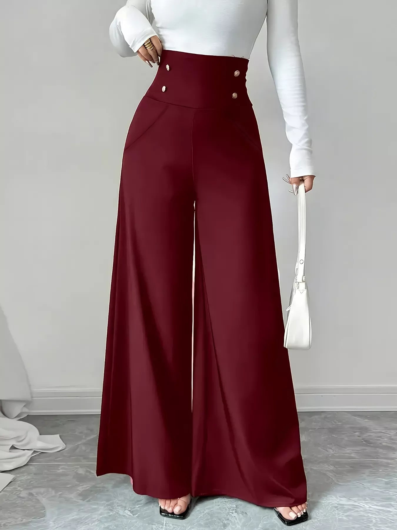 High Waist Wide Leg Button Decor Pants - MAD RUFFI