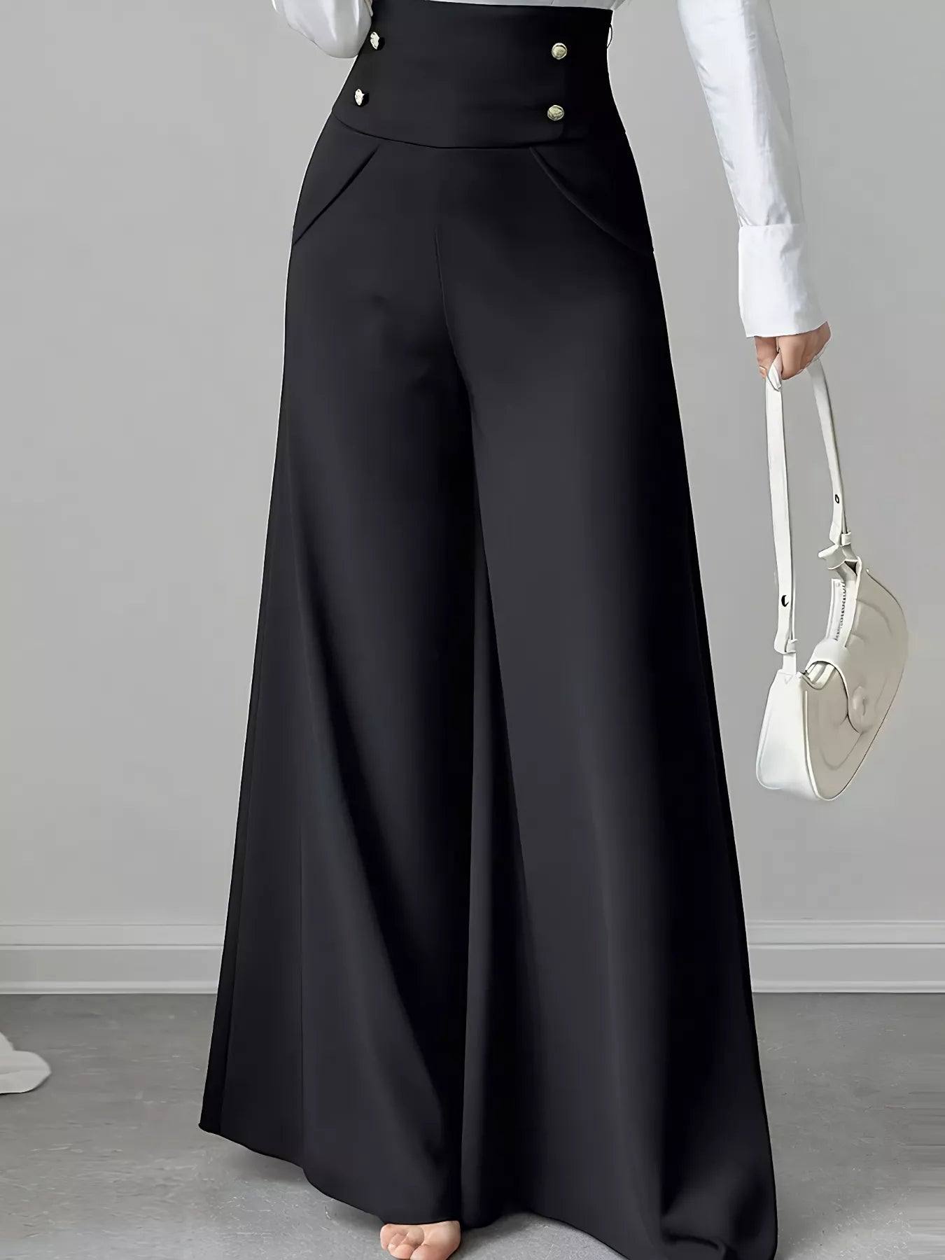 High Waist Wide Leg Button Decor Pants - MAD RUFFI