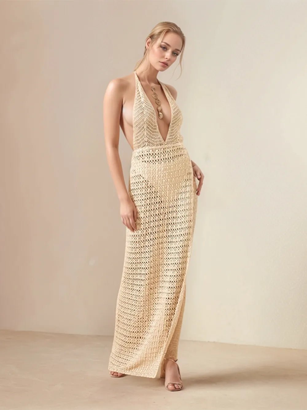 Hollow Out Halter Neck Cover - Up Dress - MAD RUFFI