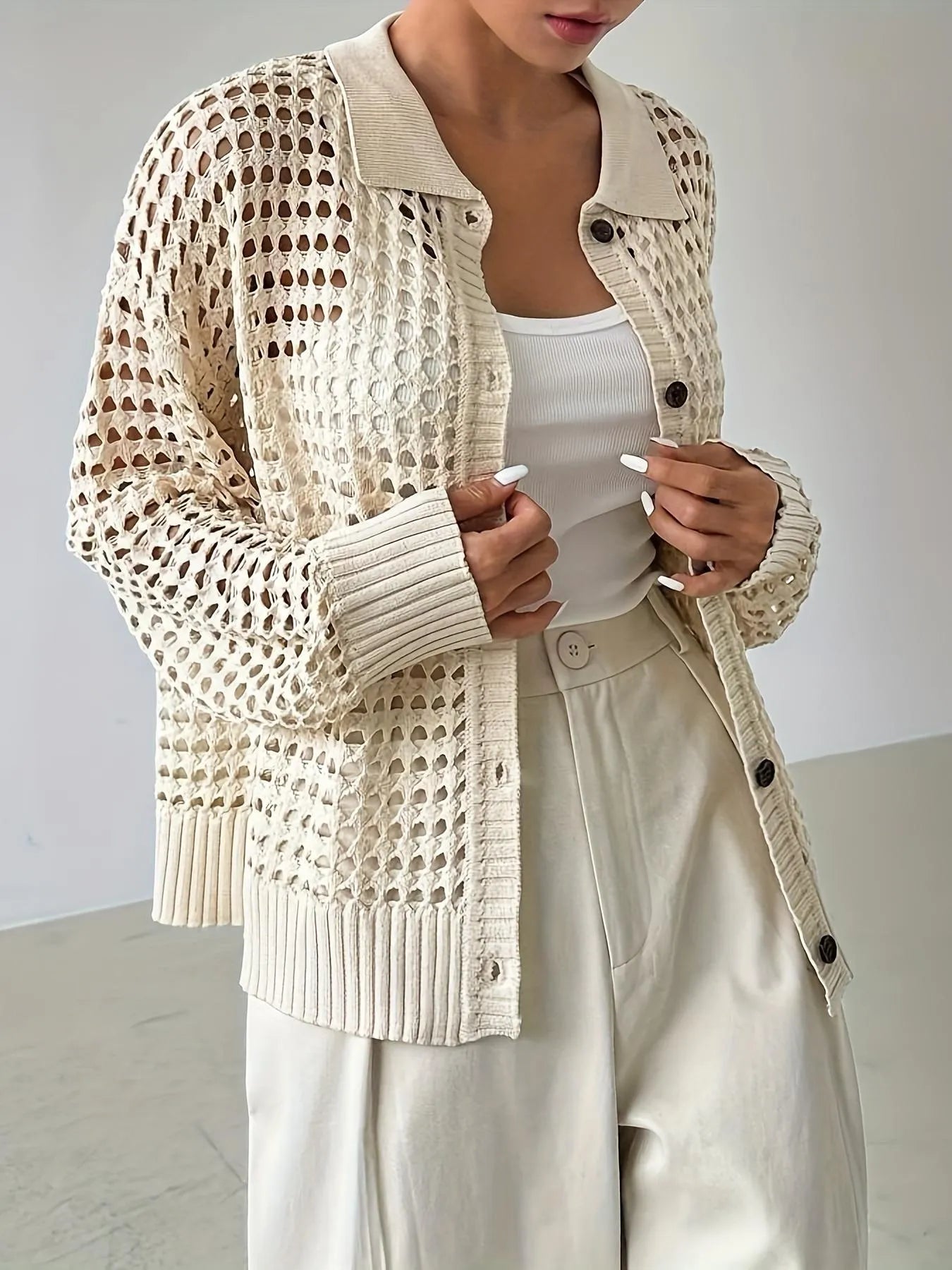 Hollow Out Knit Button Front Cardigan - MAD RUFFI