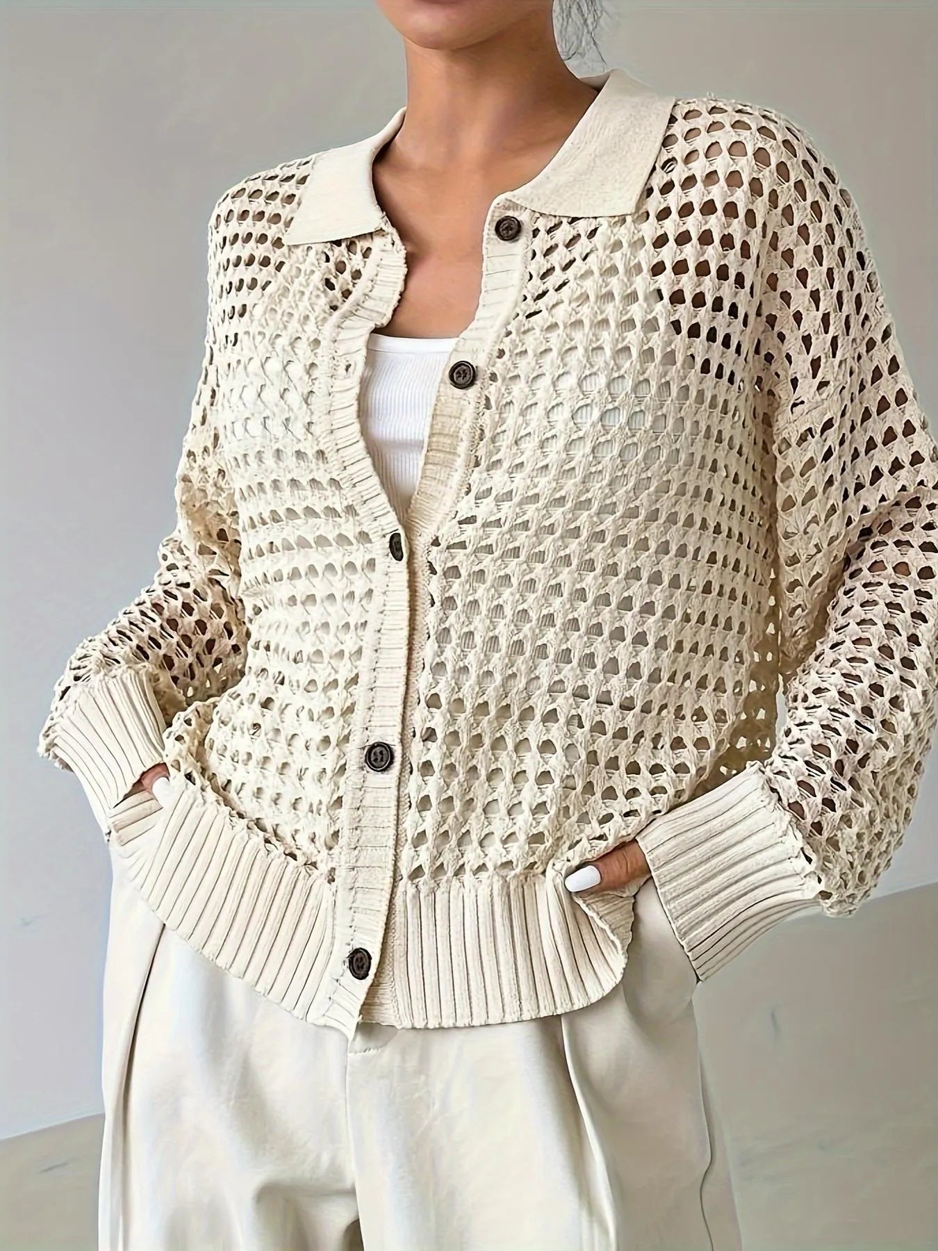 Hollow Out Knit Button Front Cardigan - MAD RUFFI