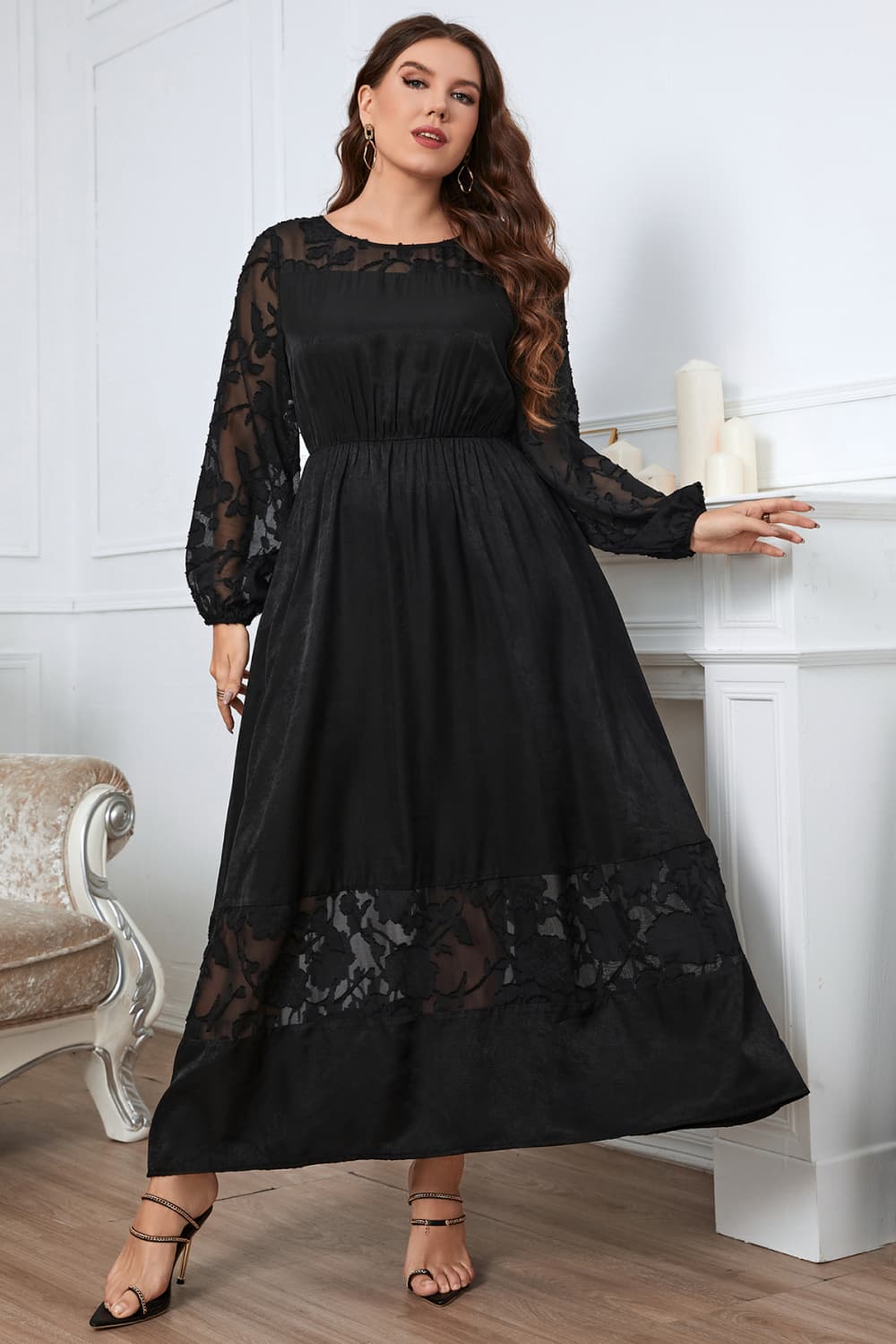 Honey Melo Apparel Plus Size Embroidery Round Neck Long Sleeve Maxi Dress - MAD RUFFI