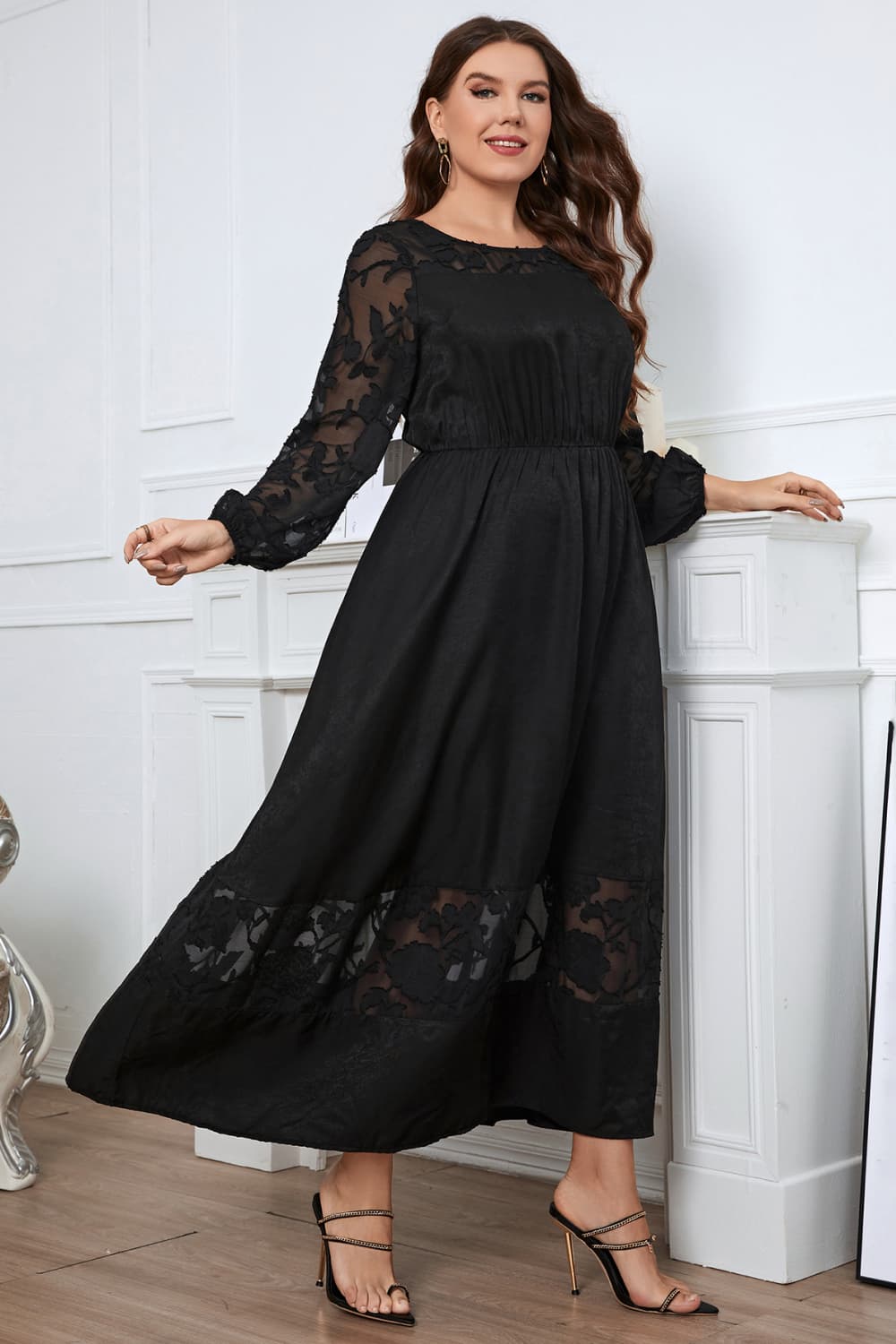 Honey Melo Apparel Plus Size Embroidery Round Neck Long Sleeve Maxi Dress - MAD RUFFI