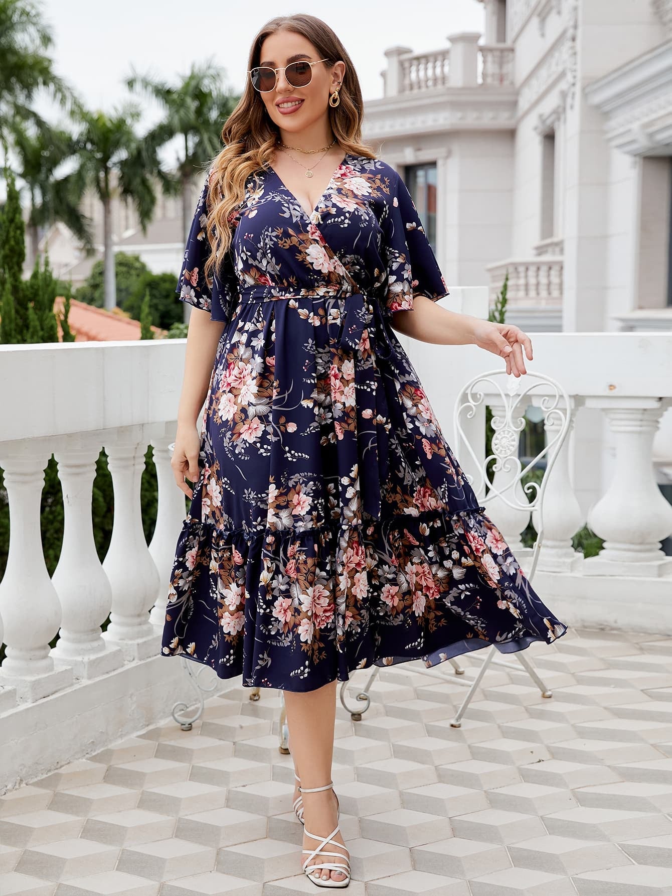 Honey Plus Size Floral Surplice Neck Midi Dress - MAD RUFFI