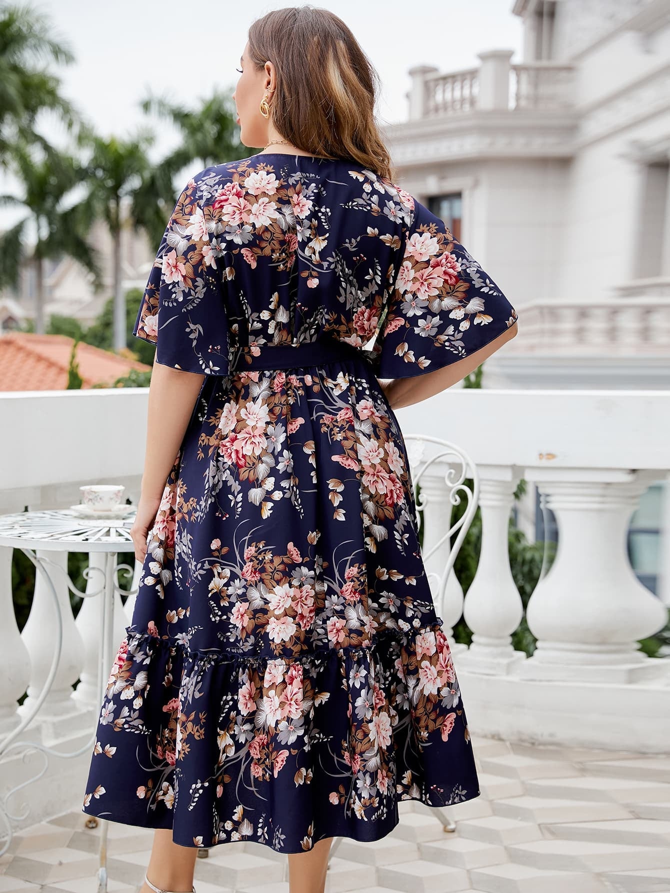 Honey Plus Size Floral Surplice Neck Midi Dress - MAD RUFFI