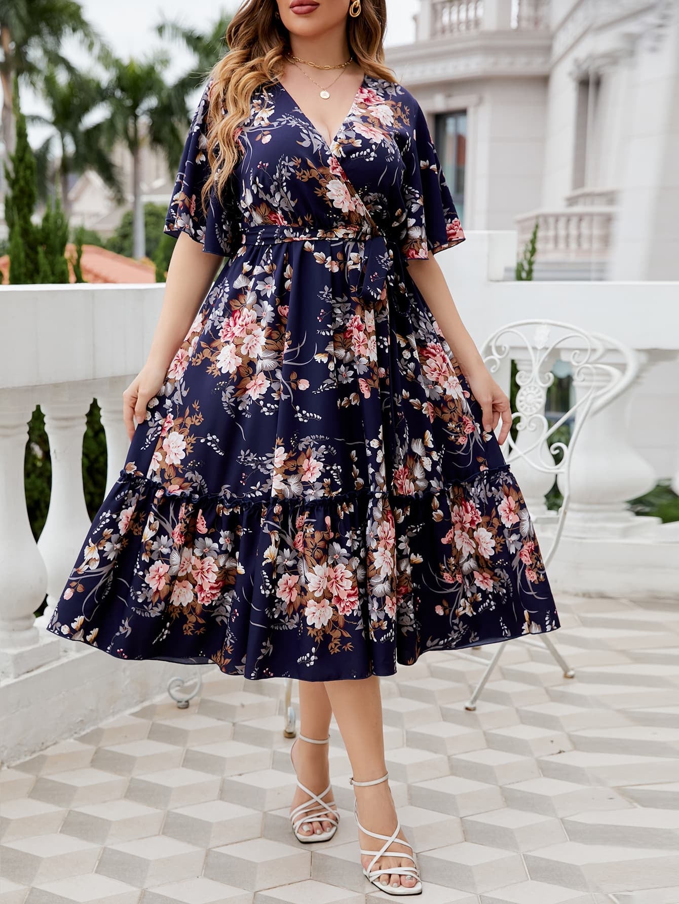 Honey Plus Size Floral Surplice Neck Midi Dress - MAD RUFFI