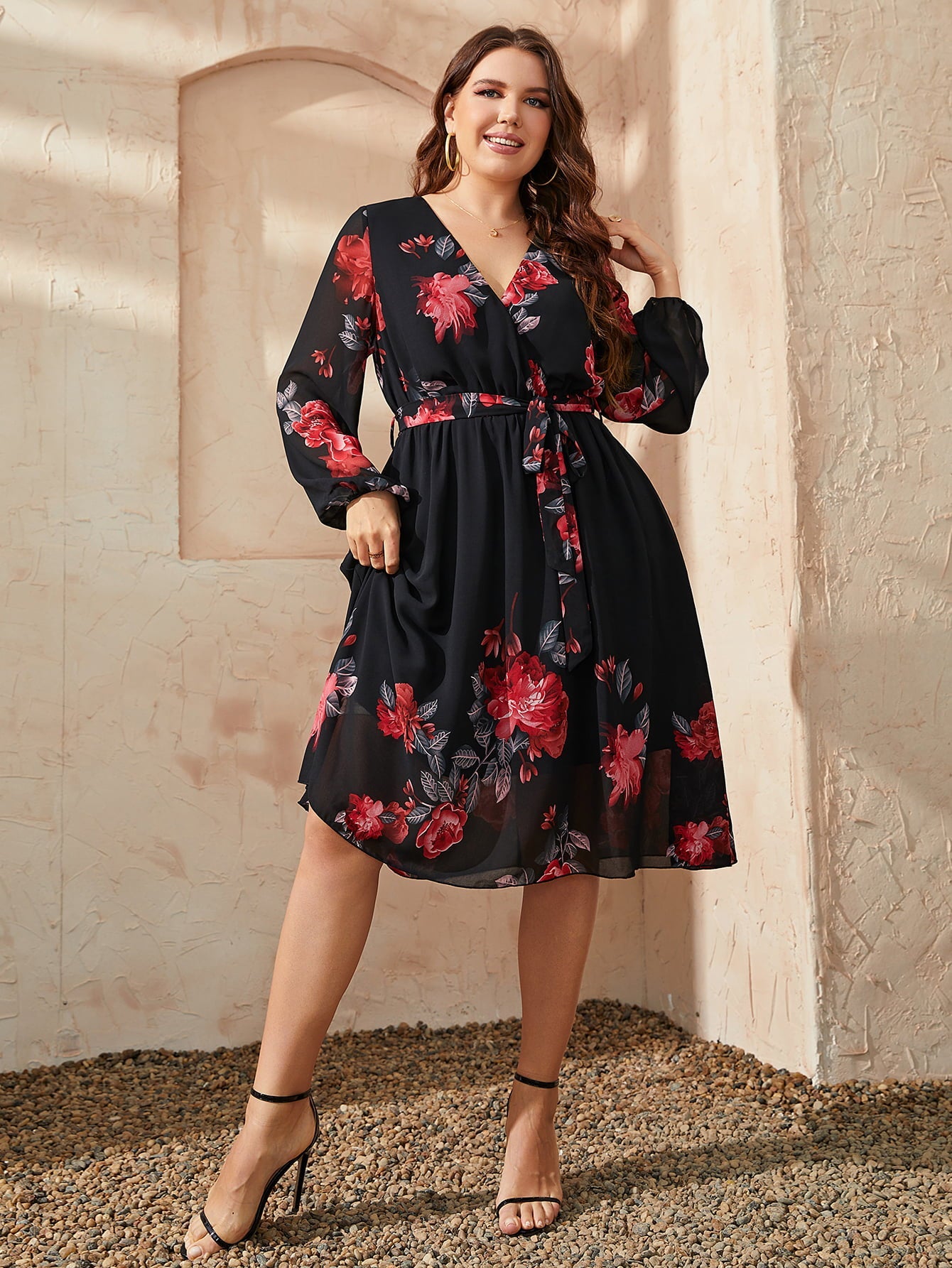 Honey Plus Size Floral Surplice Neck Tie Waist Dress - MAD RUFFI