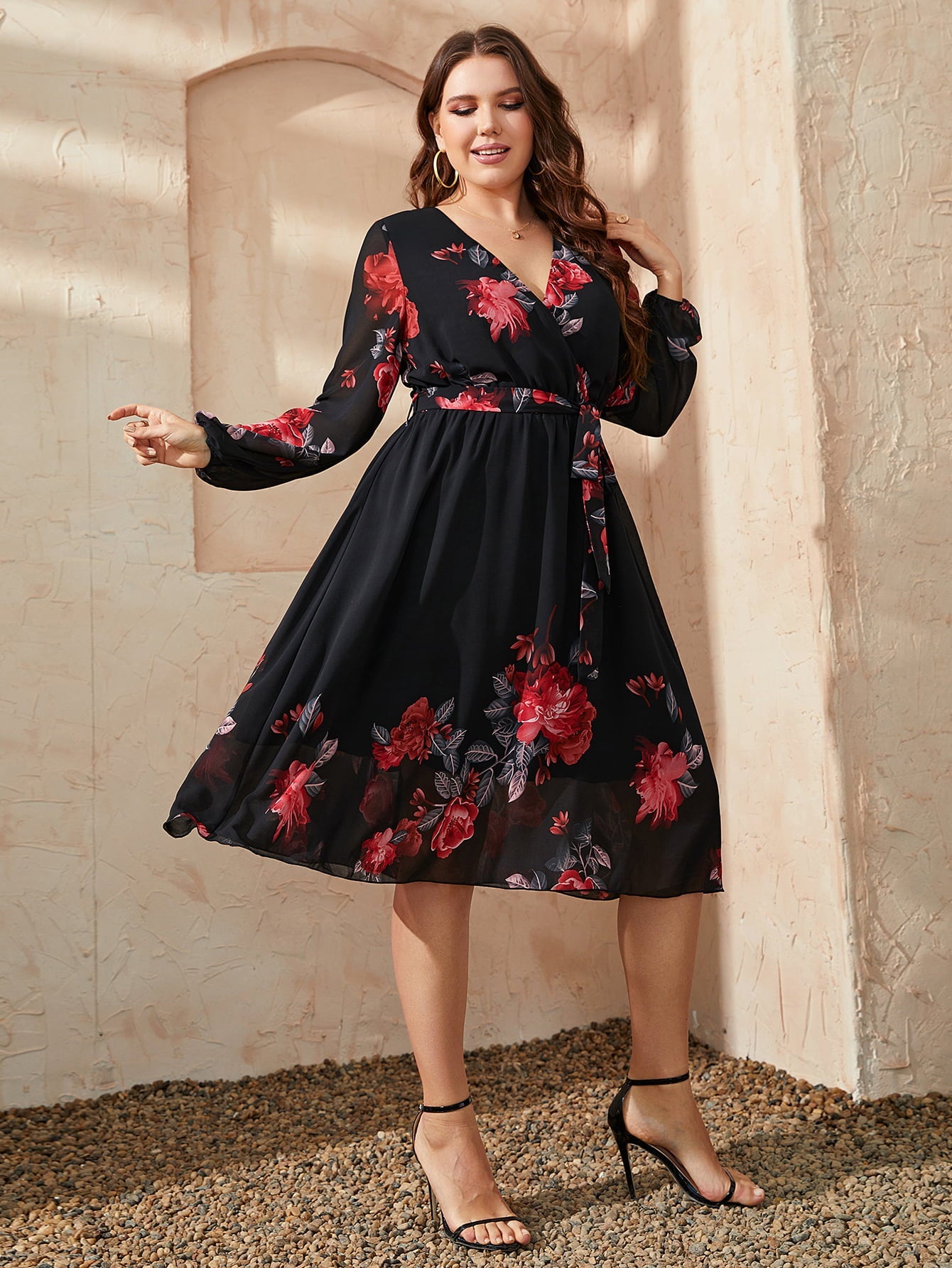 Honey Plus Size Floral Surplice Neck Tie Waist Dress - MAD RUFFI
