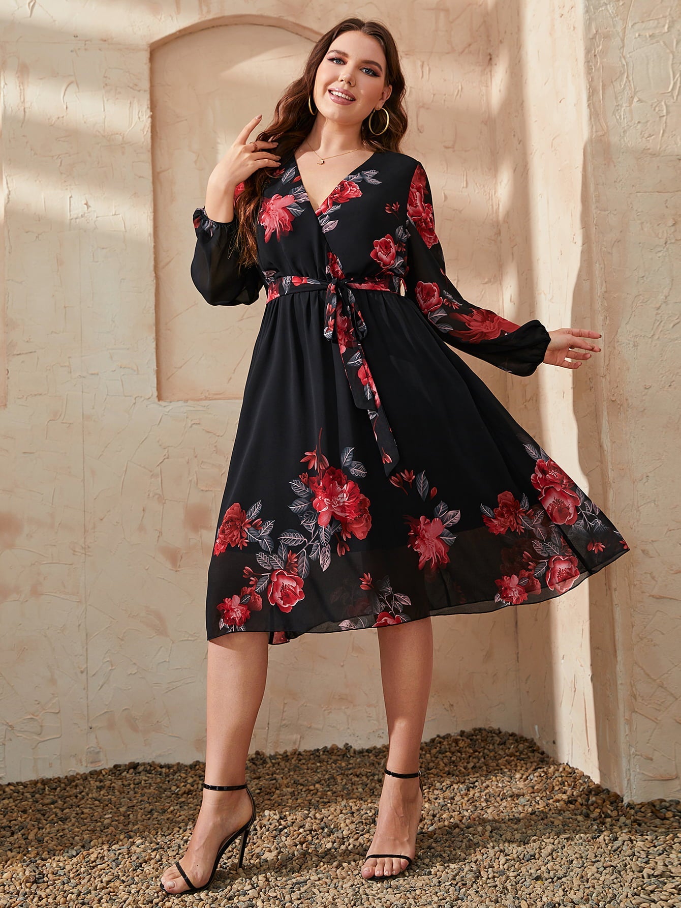 Honey Plus Size Floral Surplice Neck Tie Waist Dress - MAD RUFFI