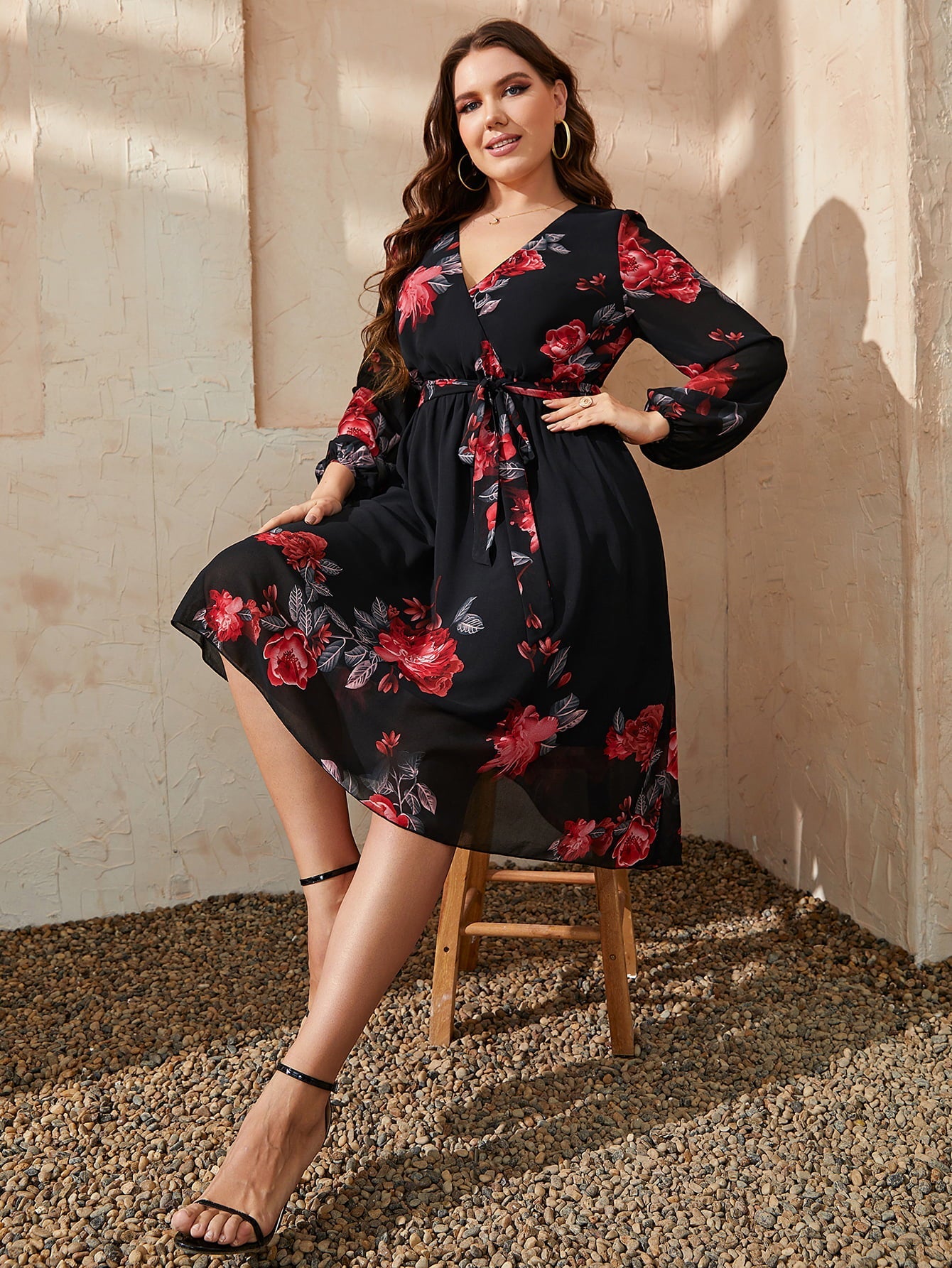 Honey Plus Size Floral Surplice Neck Tie Waist Dress - MAD RUFFI