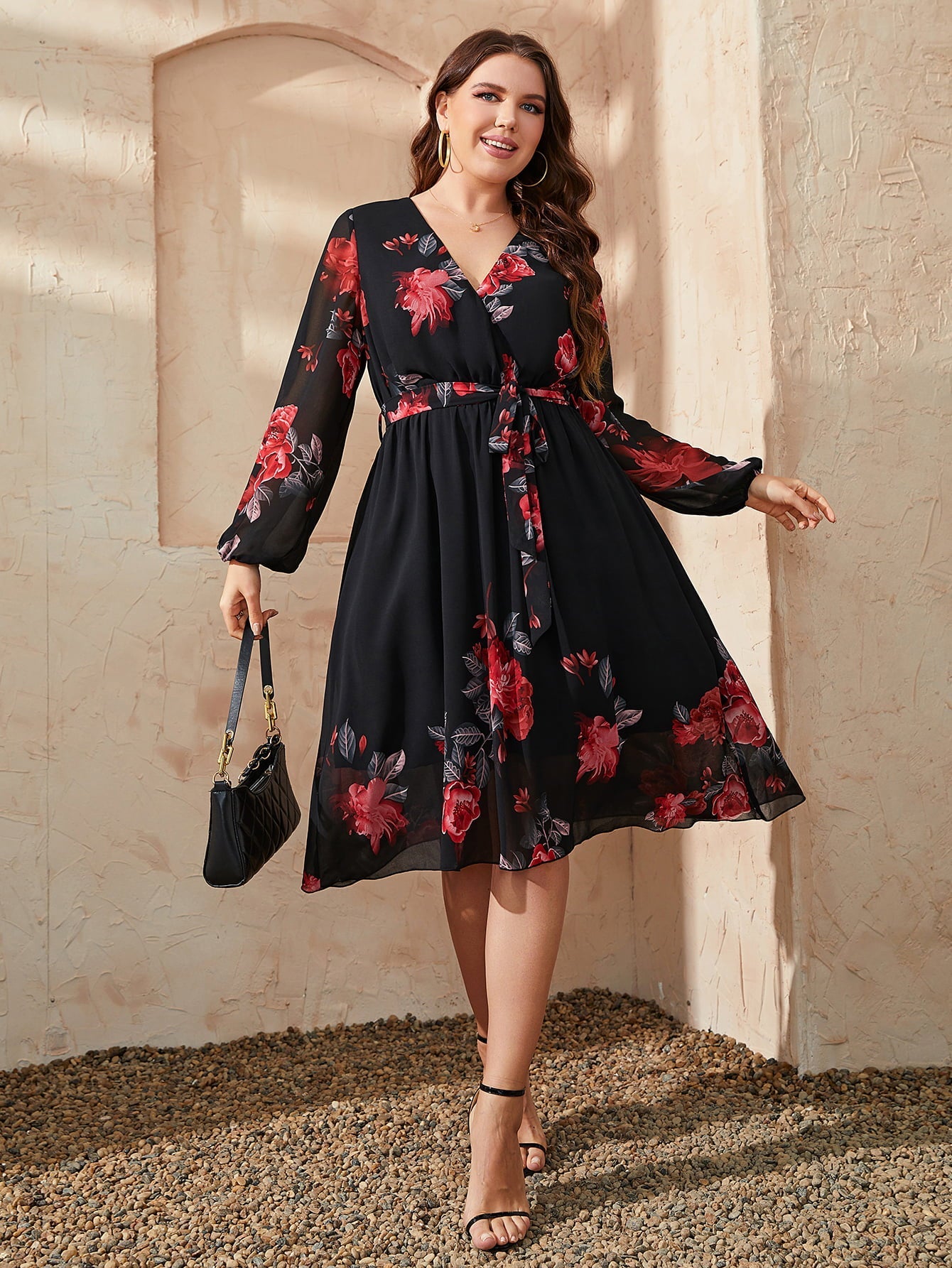 Honey Plus Size Floral Surplice Neck Tie Waist Dress - MAD RUFFI