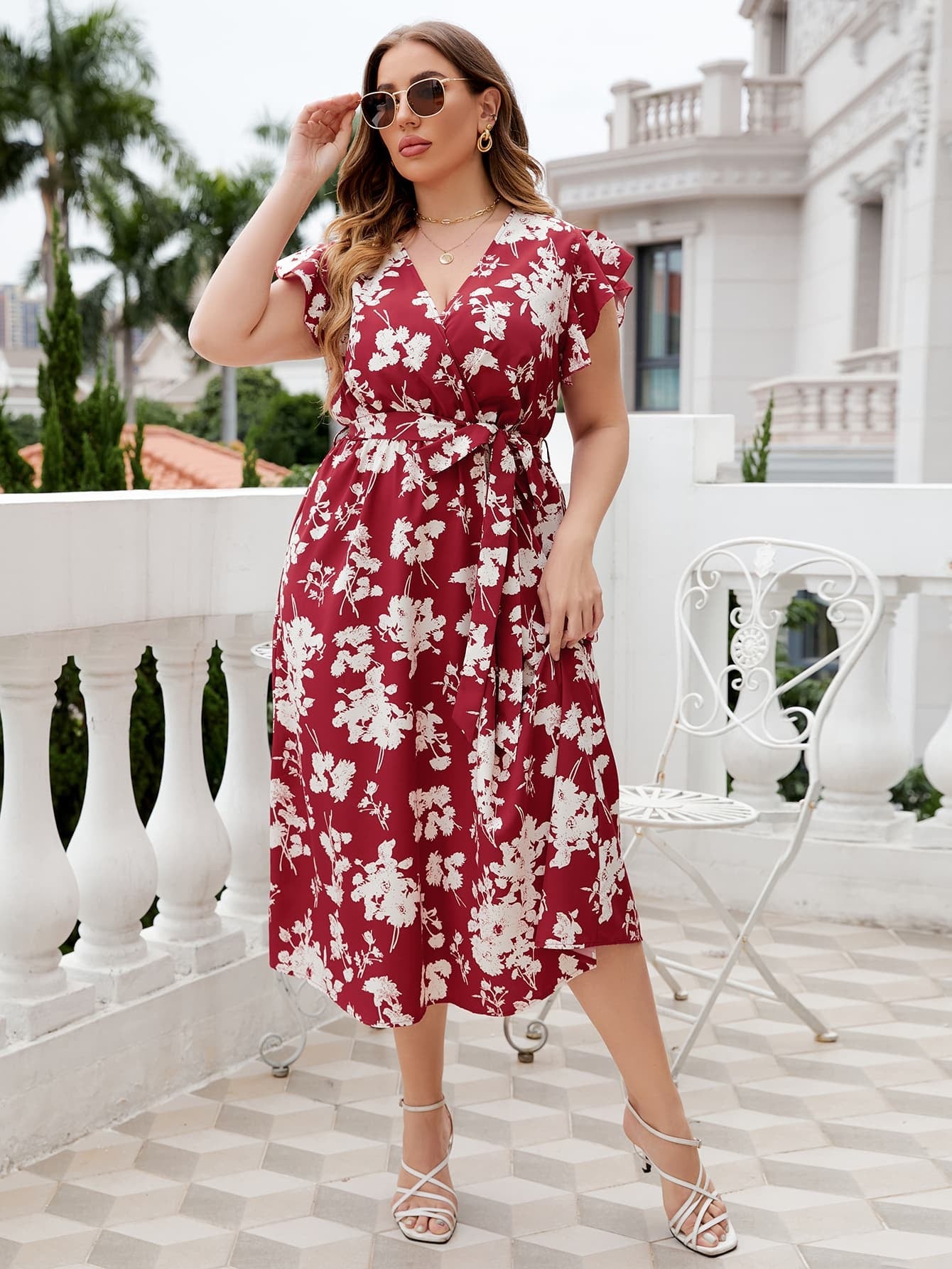 Honey Plus Size Floral Tie Waist Surplice Neck Midi Dress - MAD RUFFI