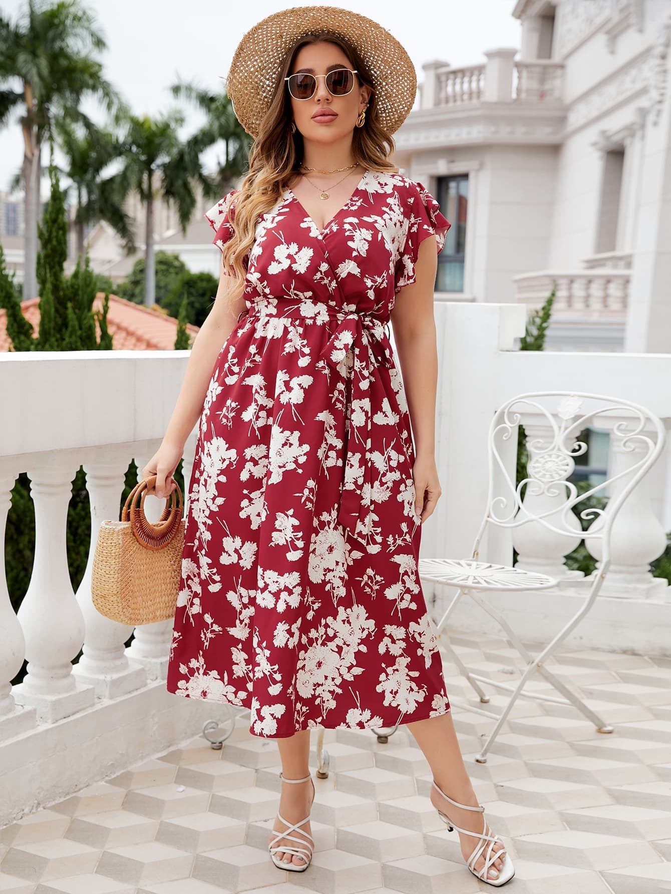 Honey Plus Size Floral Tie Waist Surplice Neck Midi Dress - MAD RUFFI