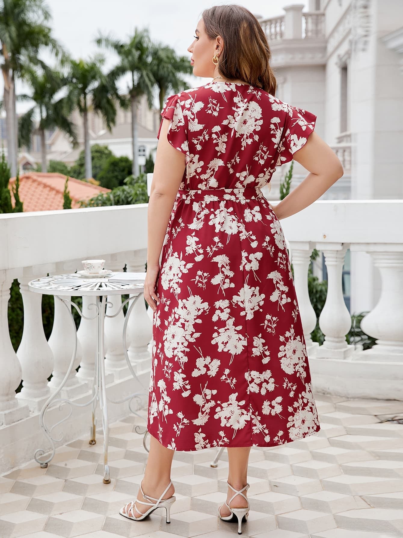 Honey Plus Size Floral Tie Waist Surplice Neck Midi Dress - MAD RUFFI