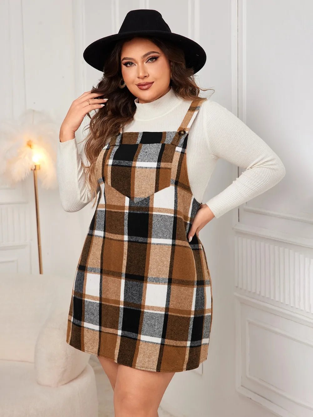 Honey Plus Size Plaid Wide Strap Overall Dress - MAD RUFFI