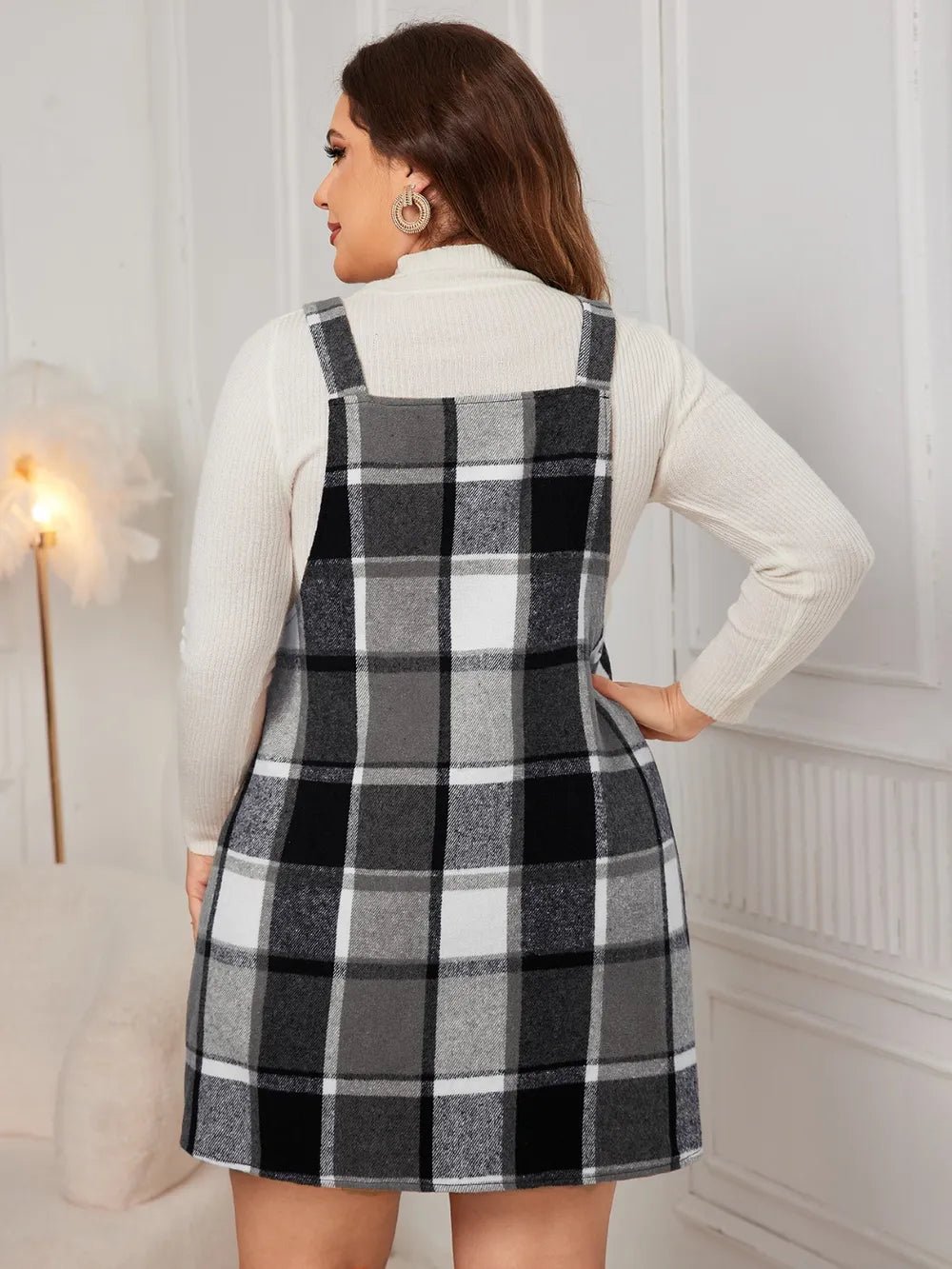 Honey Plus Size Plaid Wide Strap Overall Dress - MAD RUFFI