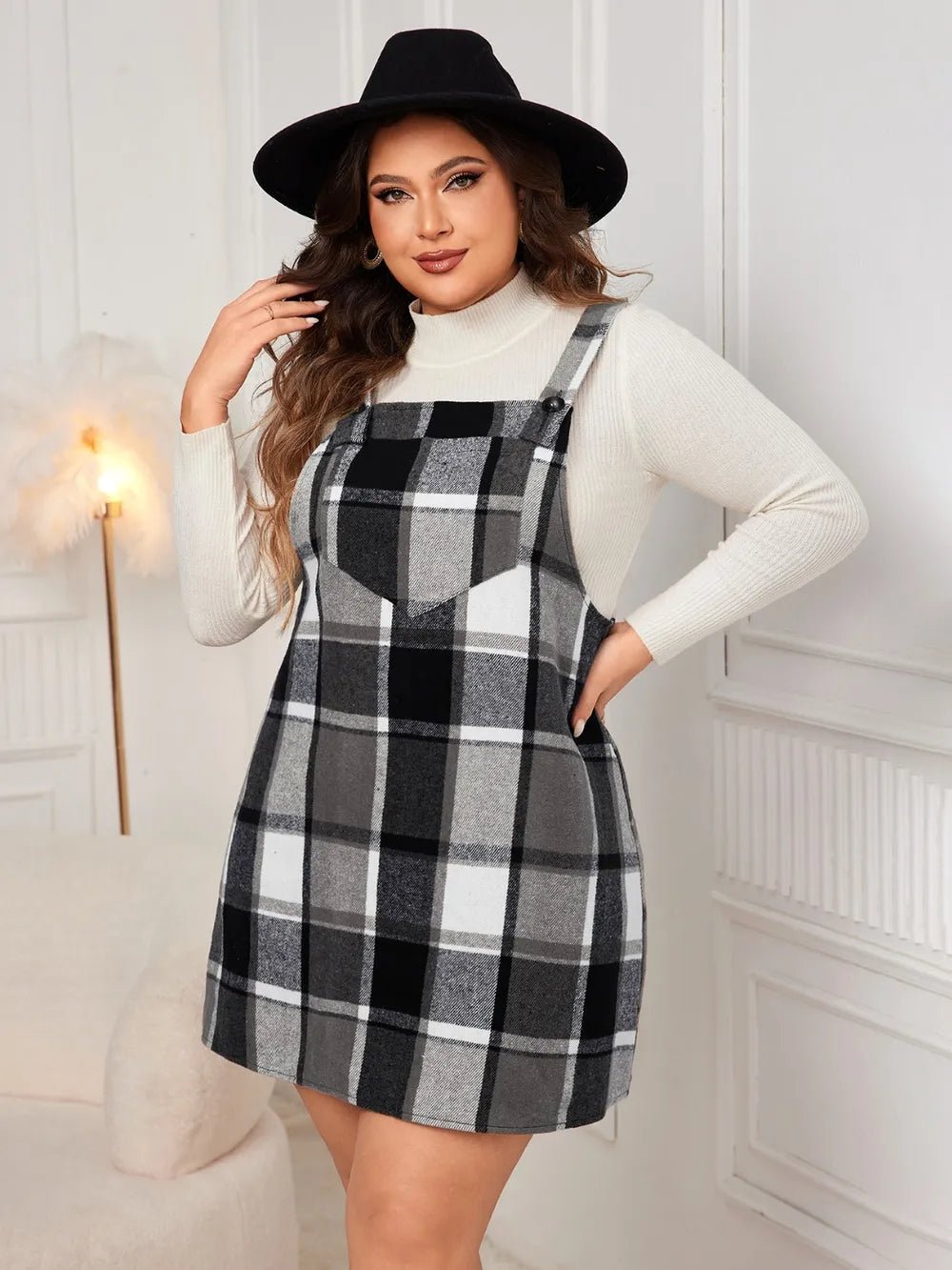 Honey Plus Size Plaid Wide Strap Overall Dress - MAD RUFFI