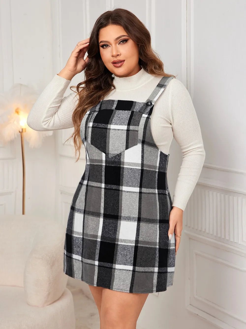 Honey Plus Size Plaid Wide Strap Overall Dress - MAD RUFFI