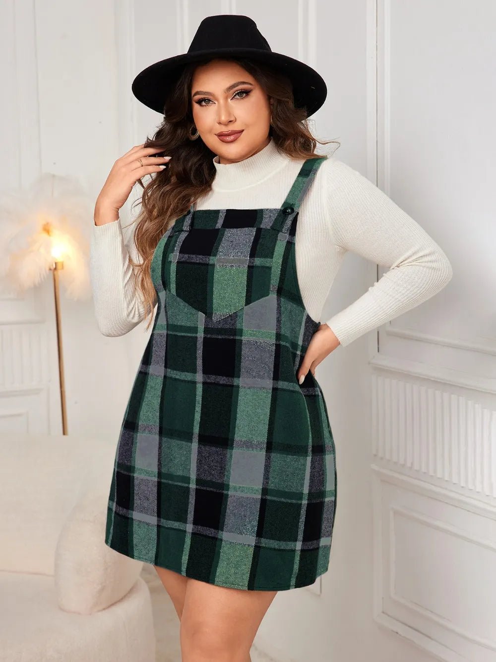 Honey Plus Size Plaid Wide Strap Overall Dress - MAD RUFFI