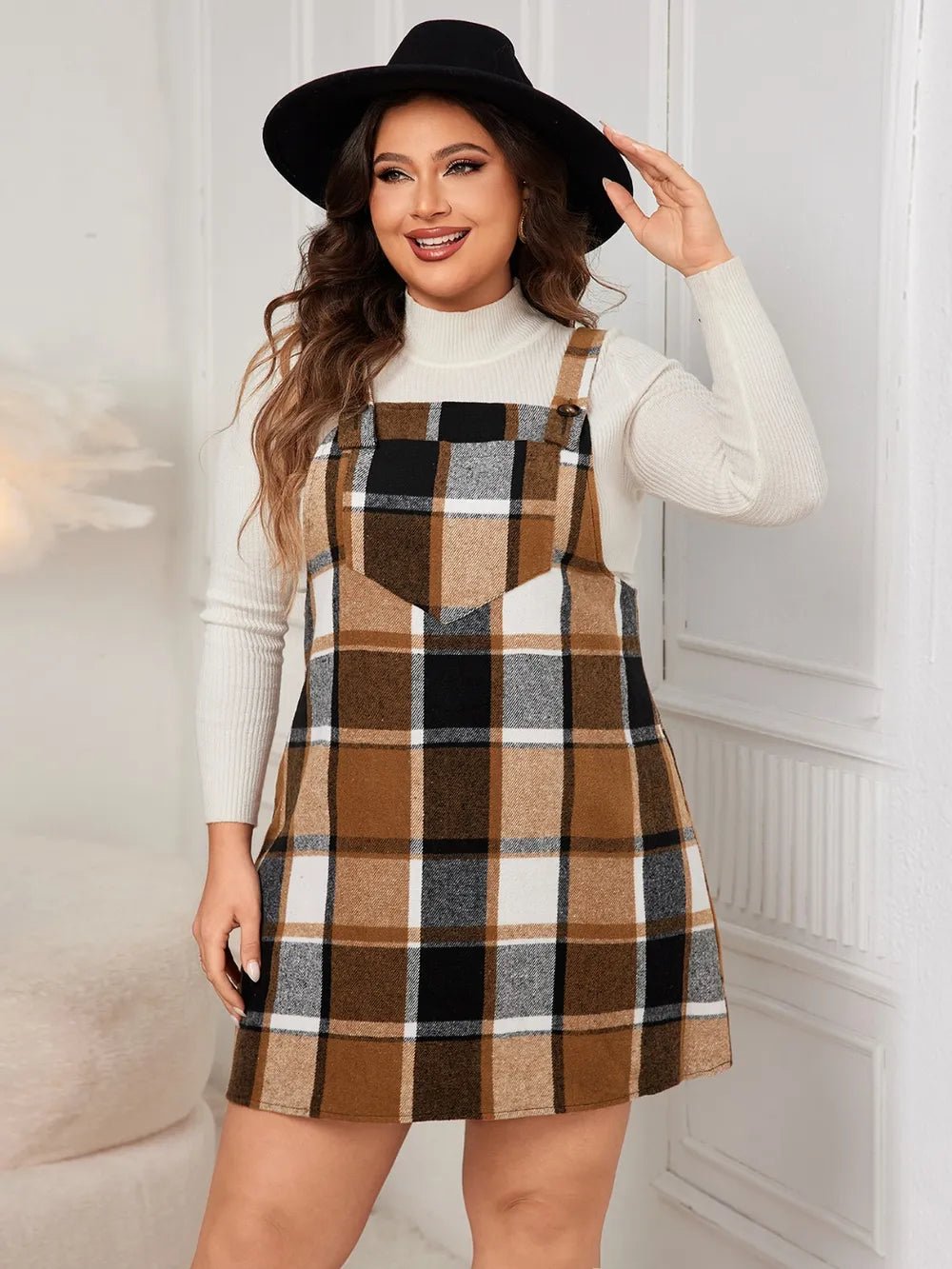 Honey Plus Size Plaid Wide Strap Overall Dress - MAD RUFFI